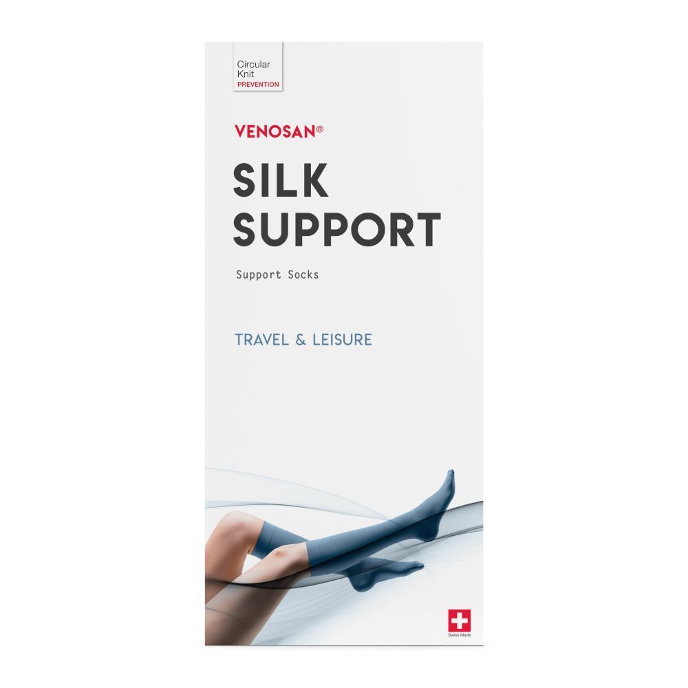 Calze di supporto Venosan Silk Support blu. Testo: Silk Support, Travel & Leisure. Croce svizzera.