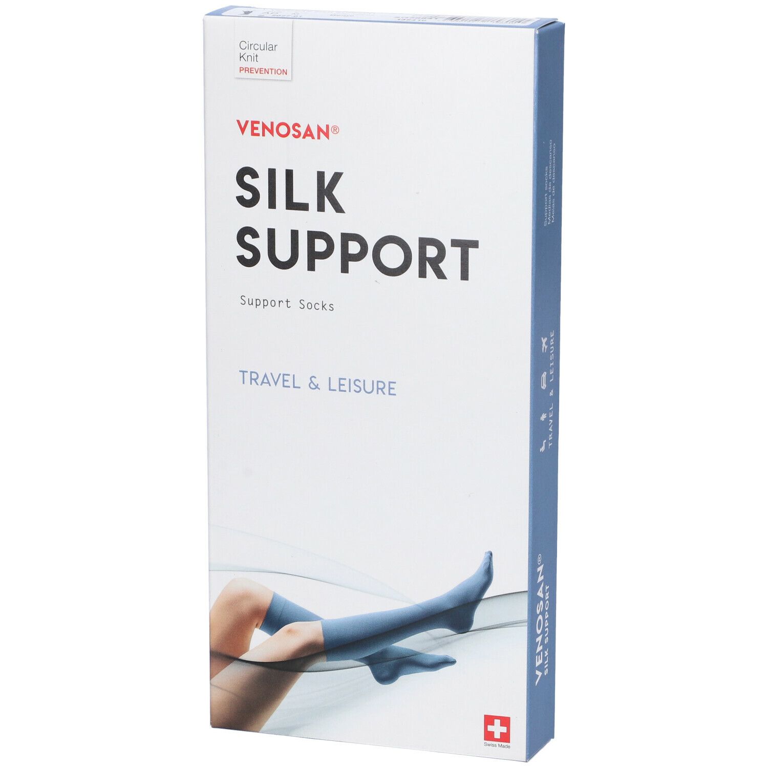 Confezione Venosan Silk Support. Testo: Silk Support, Travel & Leisure. Croce svizzera. Colori blu e bianco.