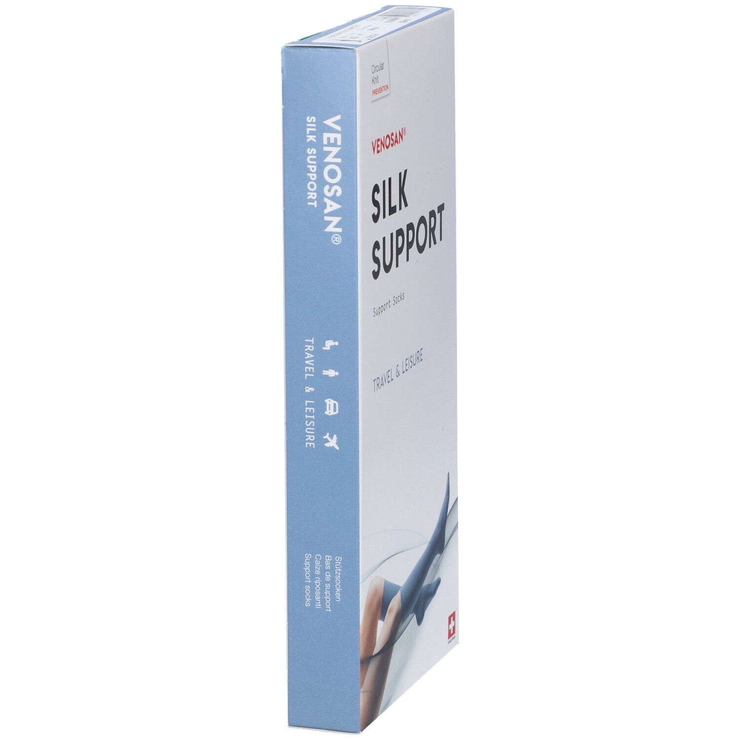 Vista laterale della confezione Venosan Silk Support. Testo: Silk Support, Travel & Leisure. Colori blu e bianco.