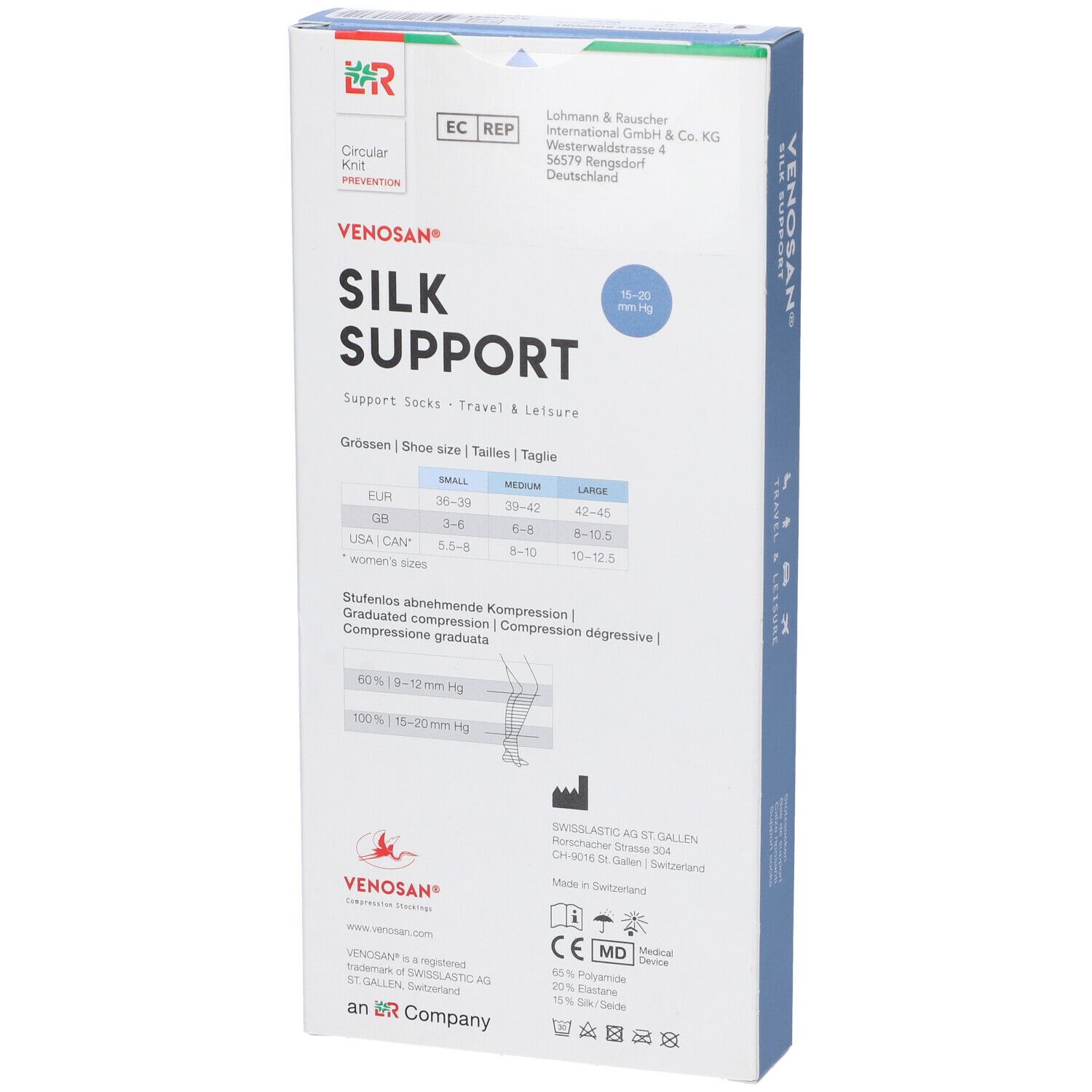 Retro della confezione Venosan Silk Support. Testo: Silk Support, taglie, compressione. Marchio CE.