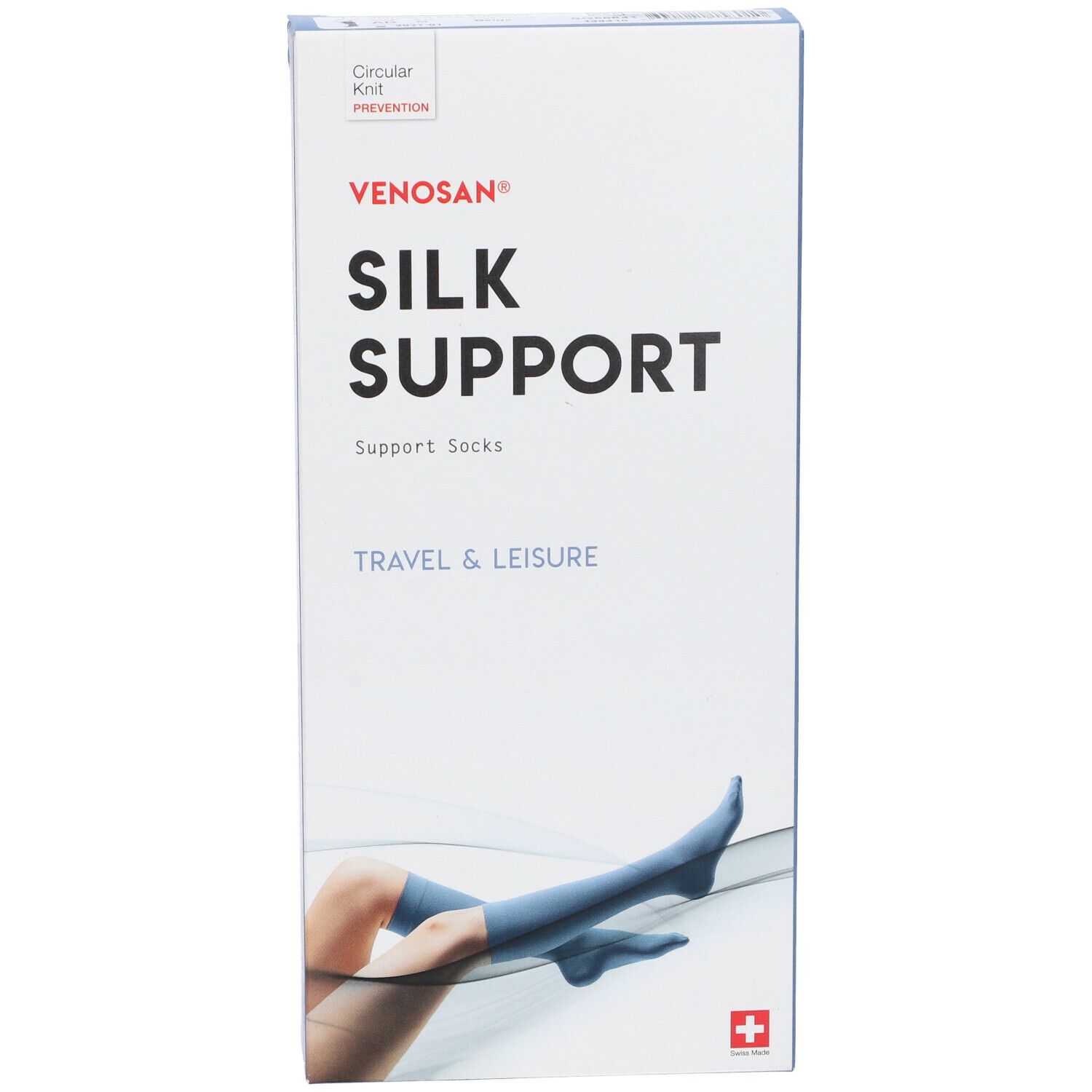 Calze di supporto Venosan Silk Support blu. Testo: Silk Support, Travel & Leisure. Croce svizzera.
