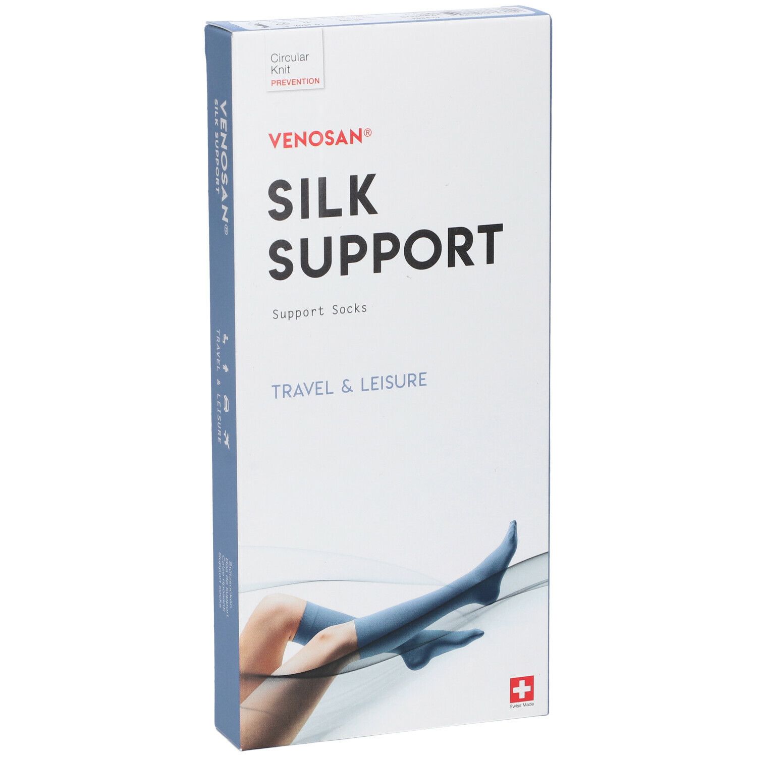 Confezione Venosan Silk Support. Testo: Silk Support, Travel & Leisure. Croce svizzera. Colori blu e bianco.