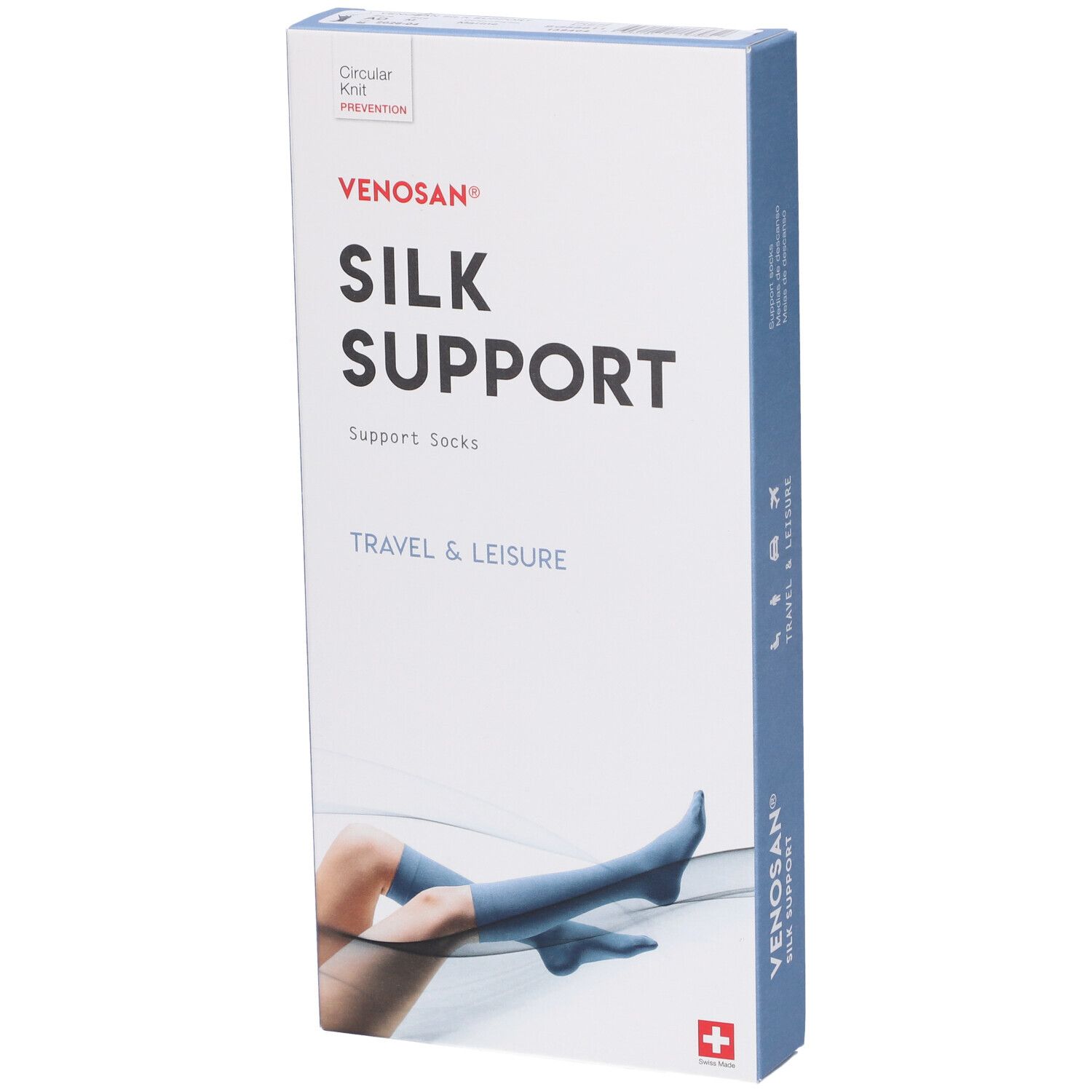 Confezione Venosan Silk Support. Scritta: Silk Support, Travel & Leisure. Immagine: gamba con calza. Vista prospettica.