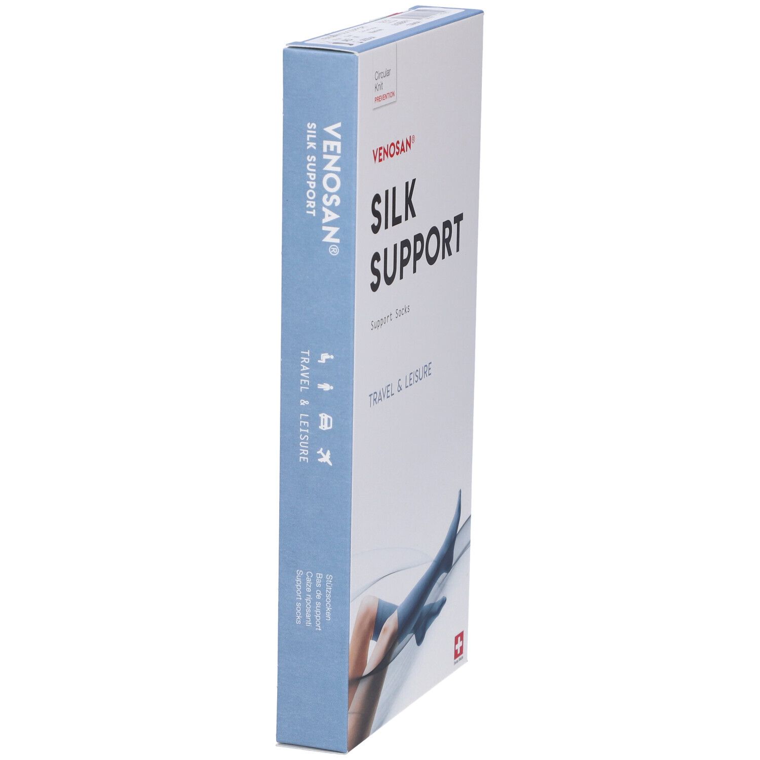 Confezione Venosan Silk Support. Scritta: Silk Support, Travel & Leisure. Vista prospettica. Lato blu con logo.