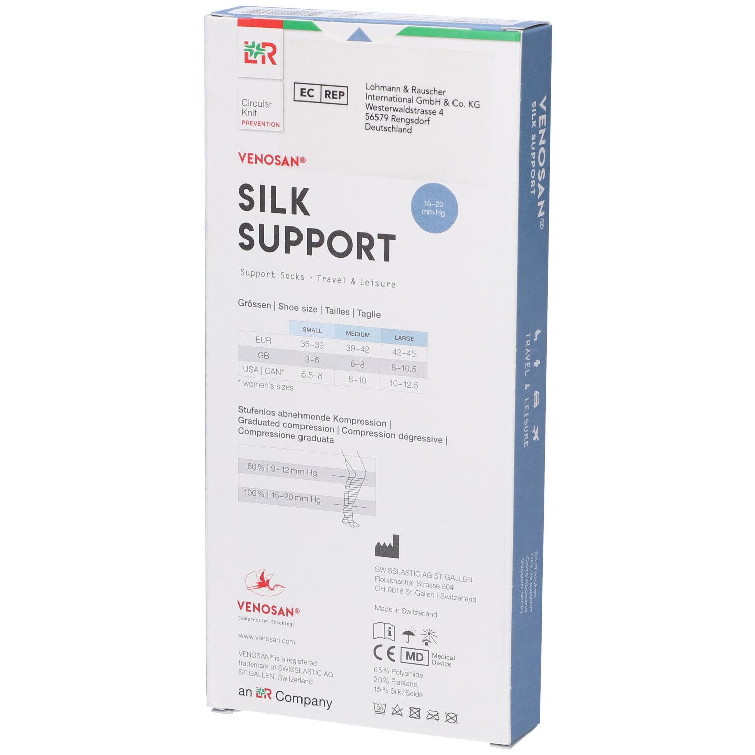 Confezione Venosan Silk Support. Retro con informazioni taglie e produttore. Marcatura CE.