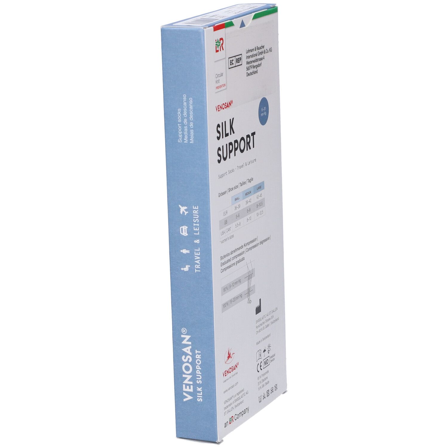Confezione Venosan Silk Support. Vista prospettica. Lato blu con logo e testo. Marcatura CE.