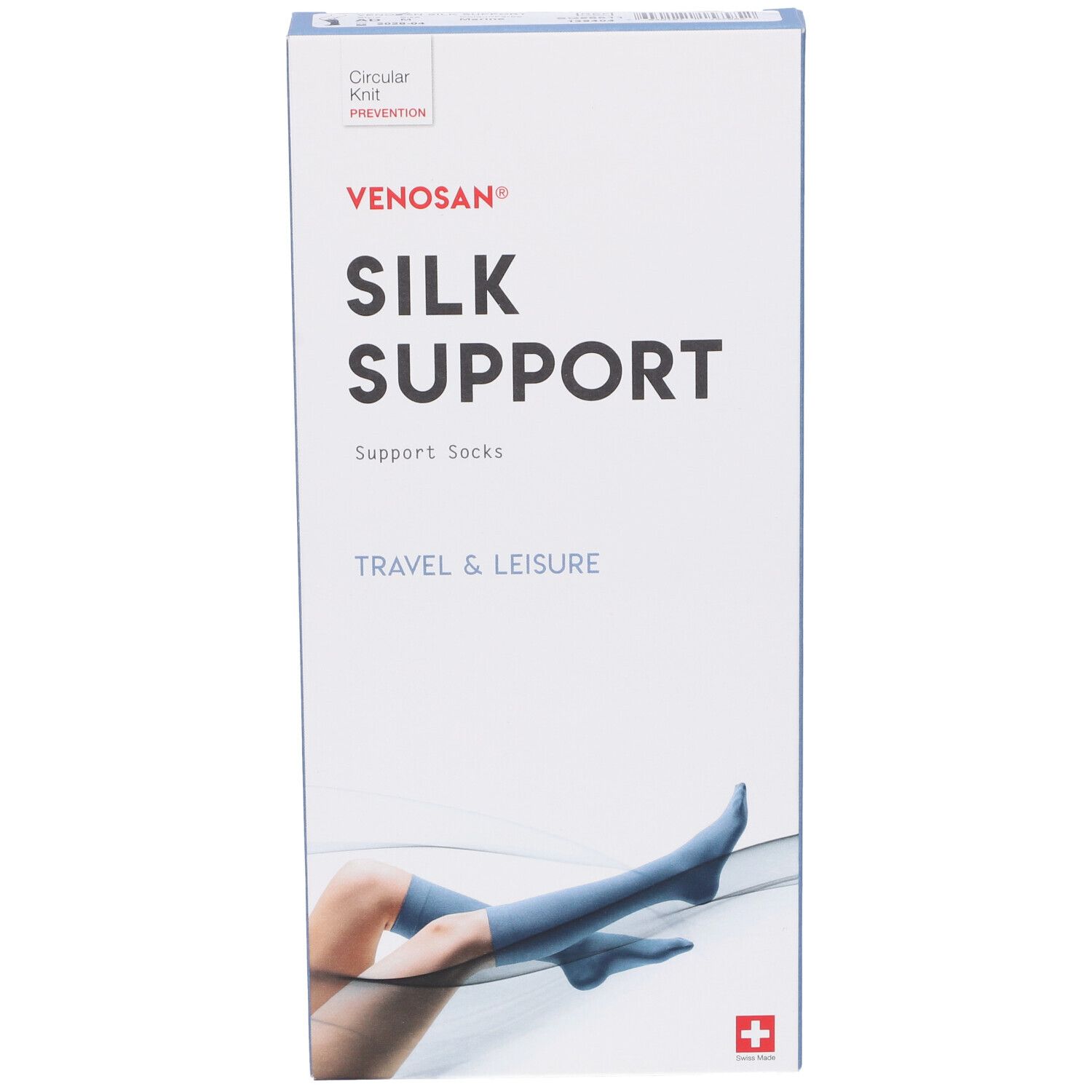Confezione Venosan Silk Support. Scritta: Silk Support, Travel & Leisure. Immagine: gamba con calza.