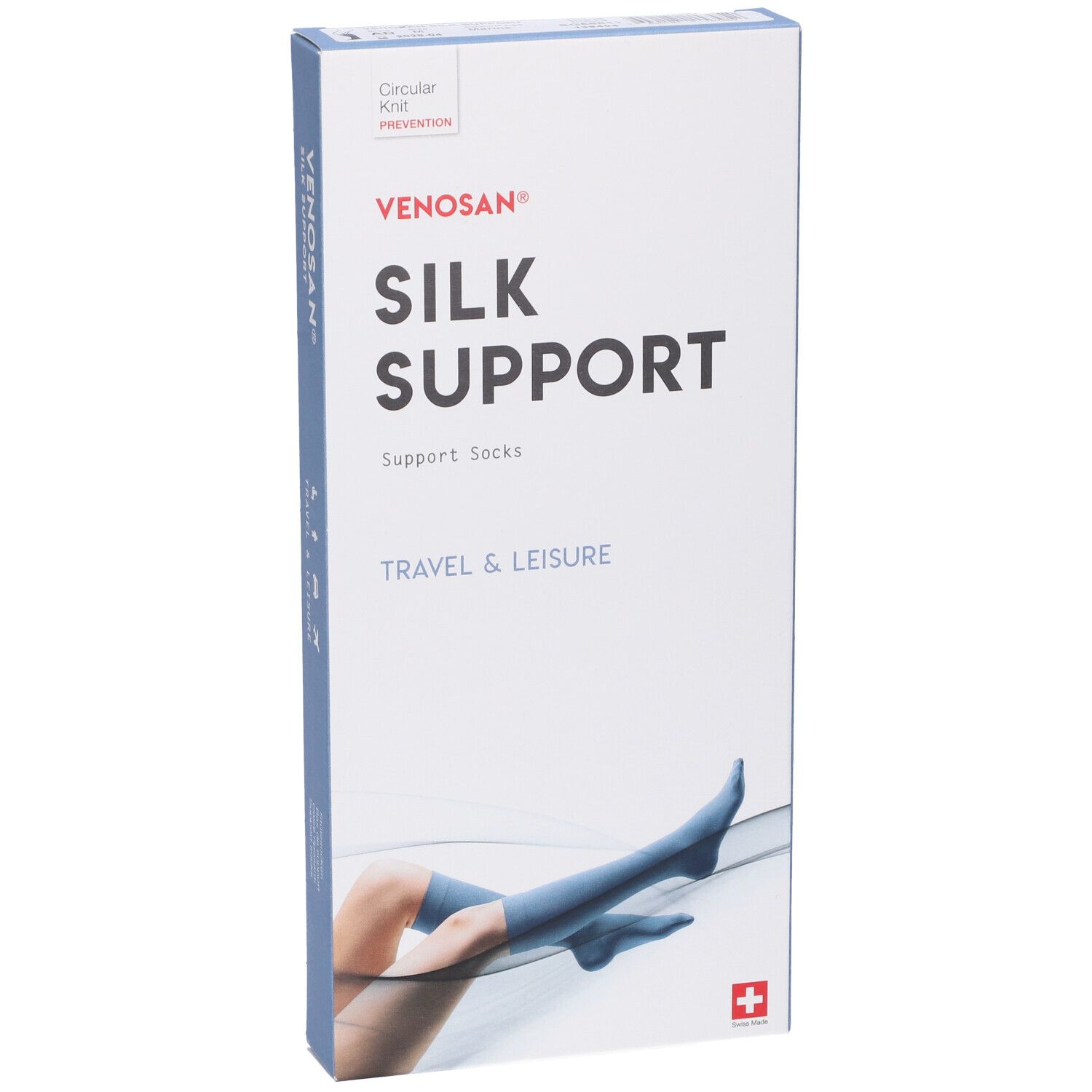 Confezione Venosan Silk Support. Scritta: Silk Support, Travel & Leisure. Vista prospettica.