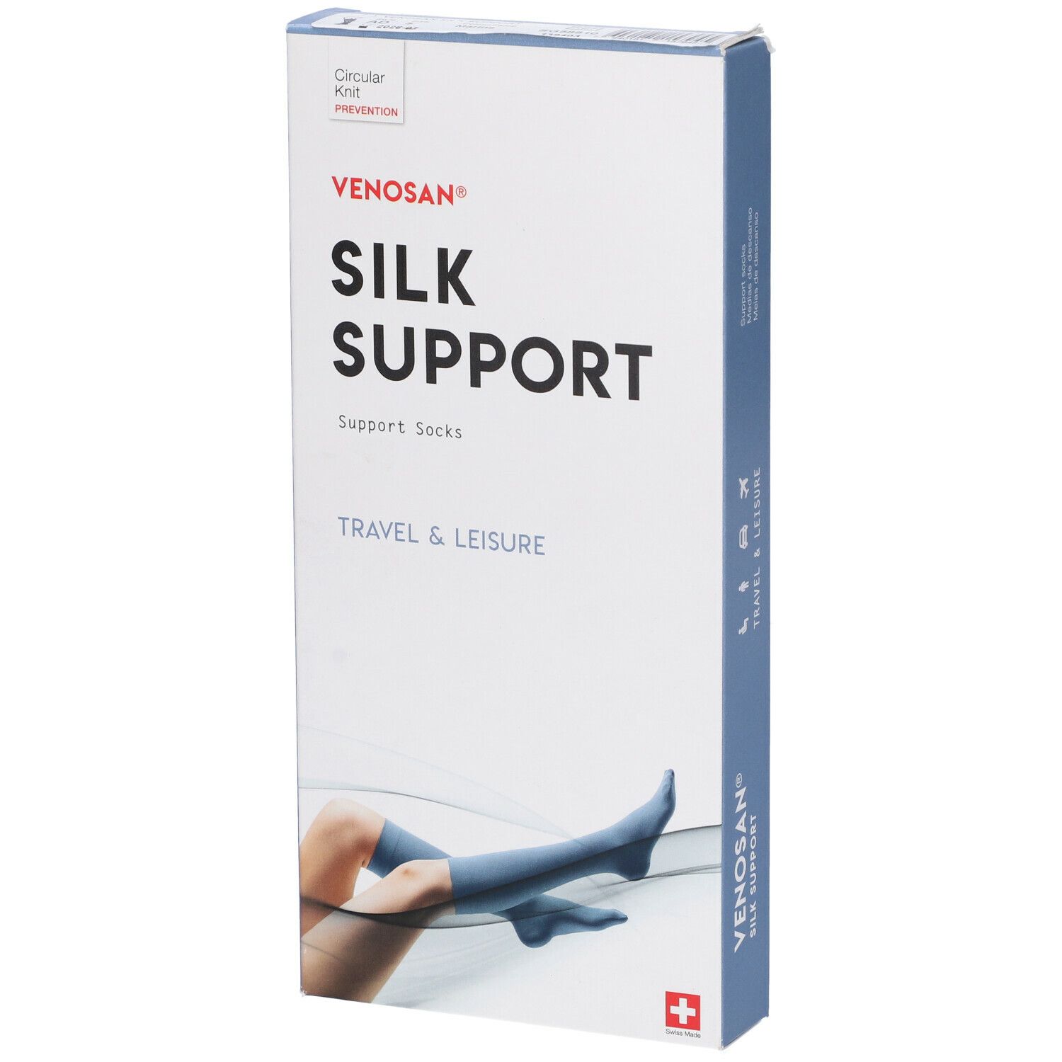 Confezione Venosan Silk Support. Calze blu raffigurate sulla confezione. Testo: Silk Support, Travel & Leisure.
