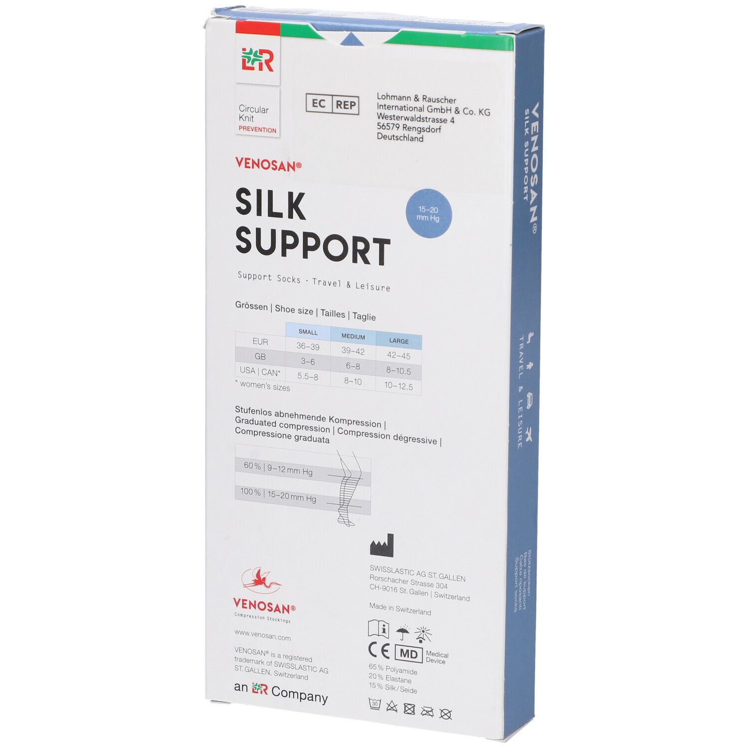 Confezione Venosan Silk Support, retro. Informazioni sulle taglie, informazioni del produttore. Testo: Silk Support.