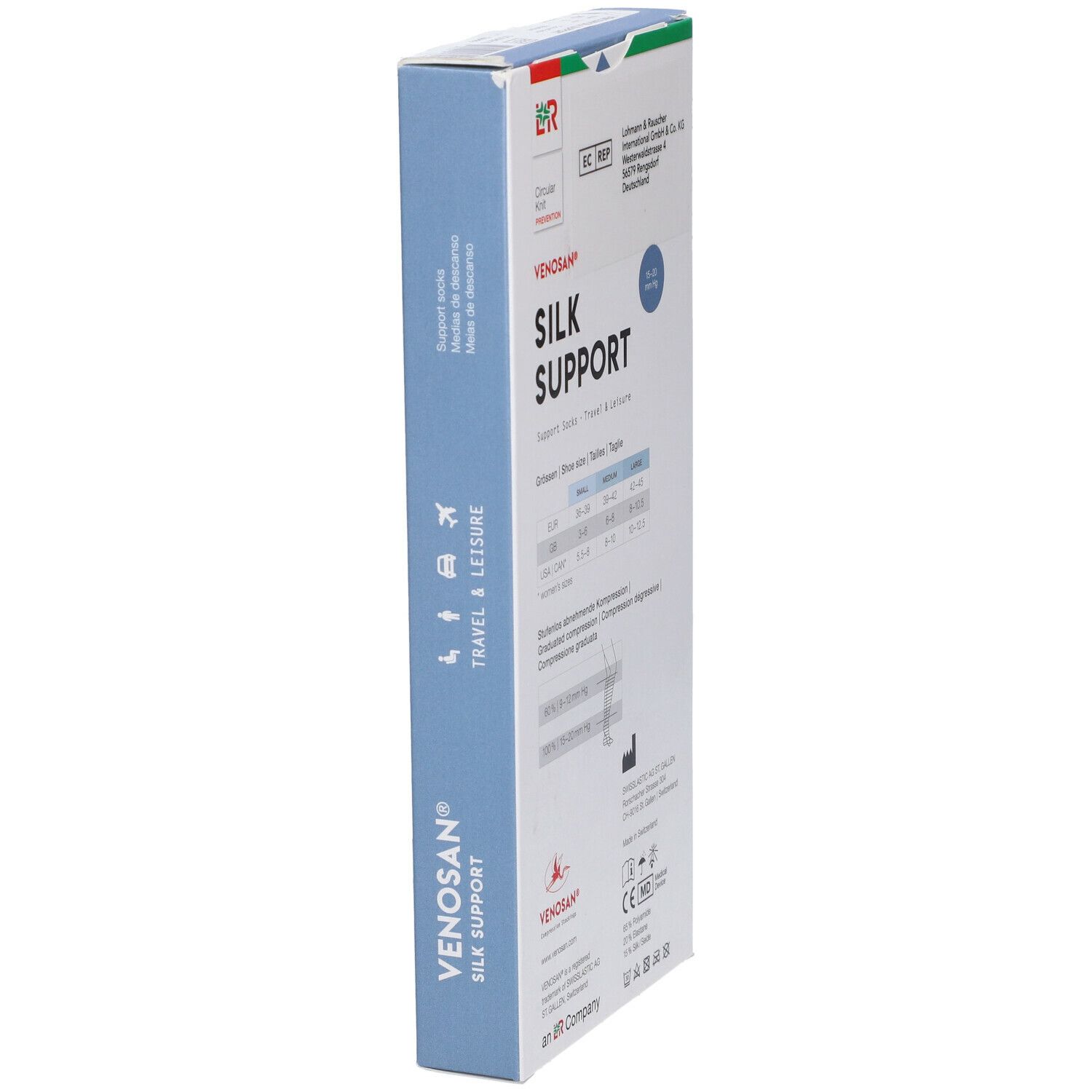 Confezione Venosan Silk Support, vista laterale. Testo: Silk Support, Travel & Leisure. Croce svizzera.