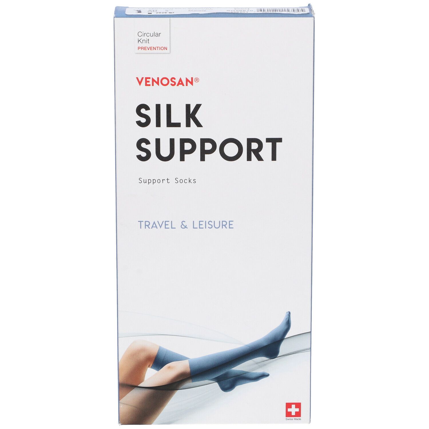 Confezione Venosan Silk Support. Calze blu sulla confezione. Testo: Silk Support, Travel & Leisure.