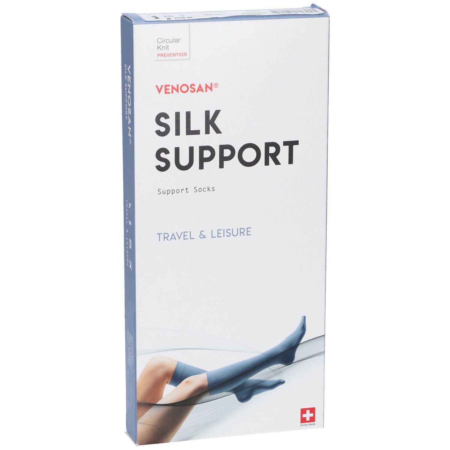 Confezione Venosan Silk Support. Calze blu sulla confezione. Testo: Silk Support, Travel & Leisure.