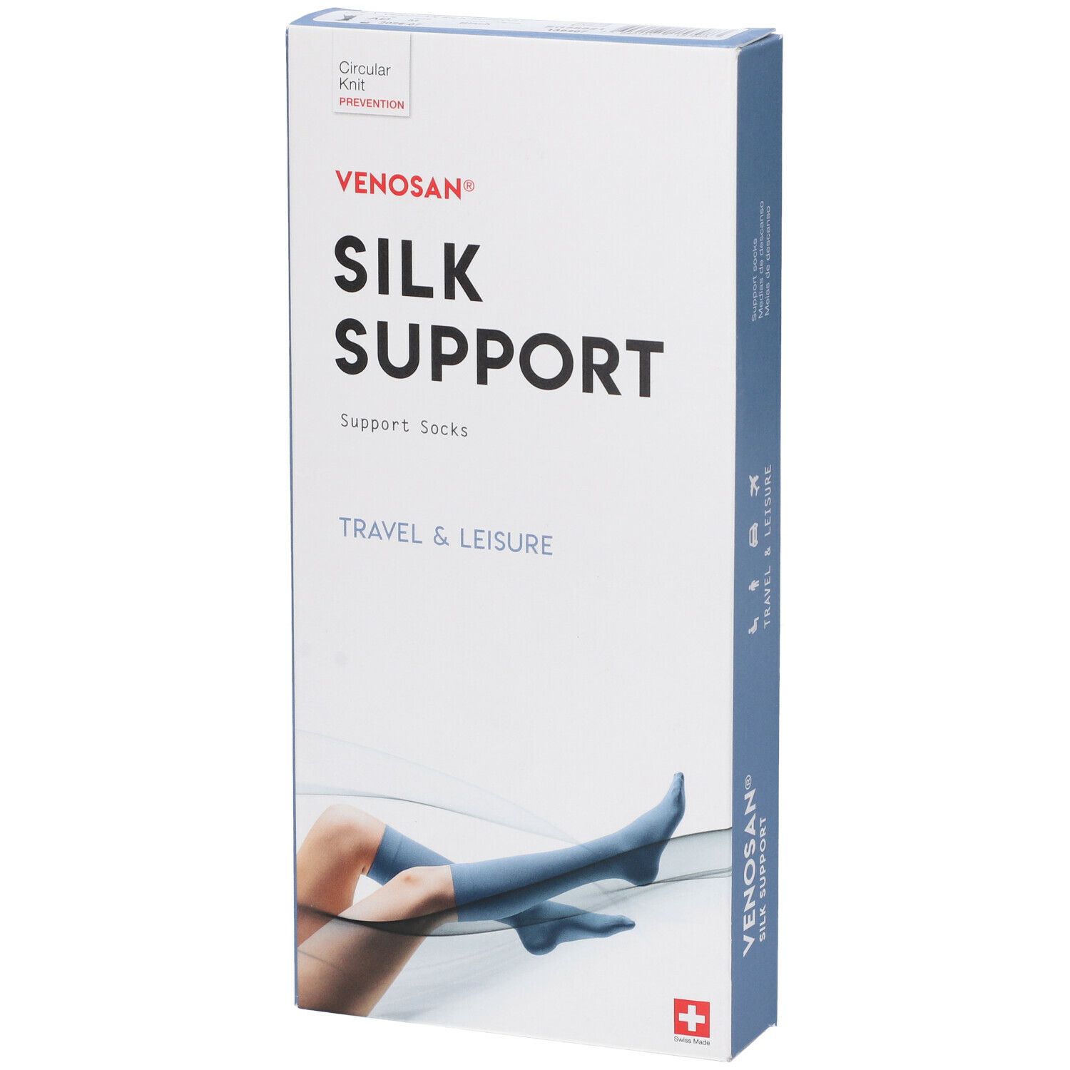 Confezione calze Venosan Silk Support. Nome e logo visibili. Scatola con lato blu e indicazione taglia.