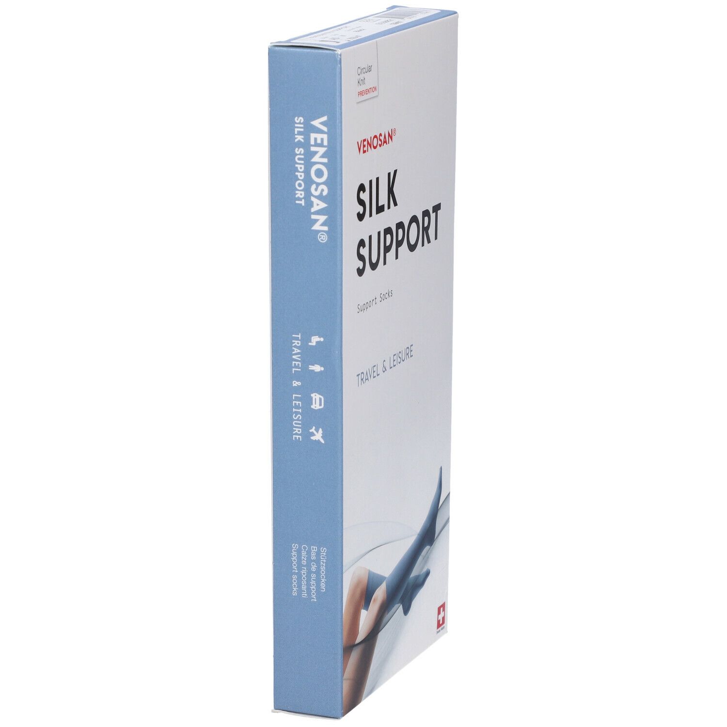 Confezione calze Venosan Silk Support. Nome e logo visibili. Scatola con lato blu, vista laterale.