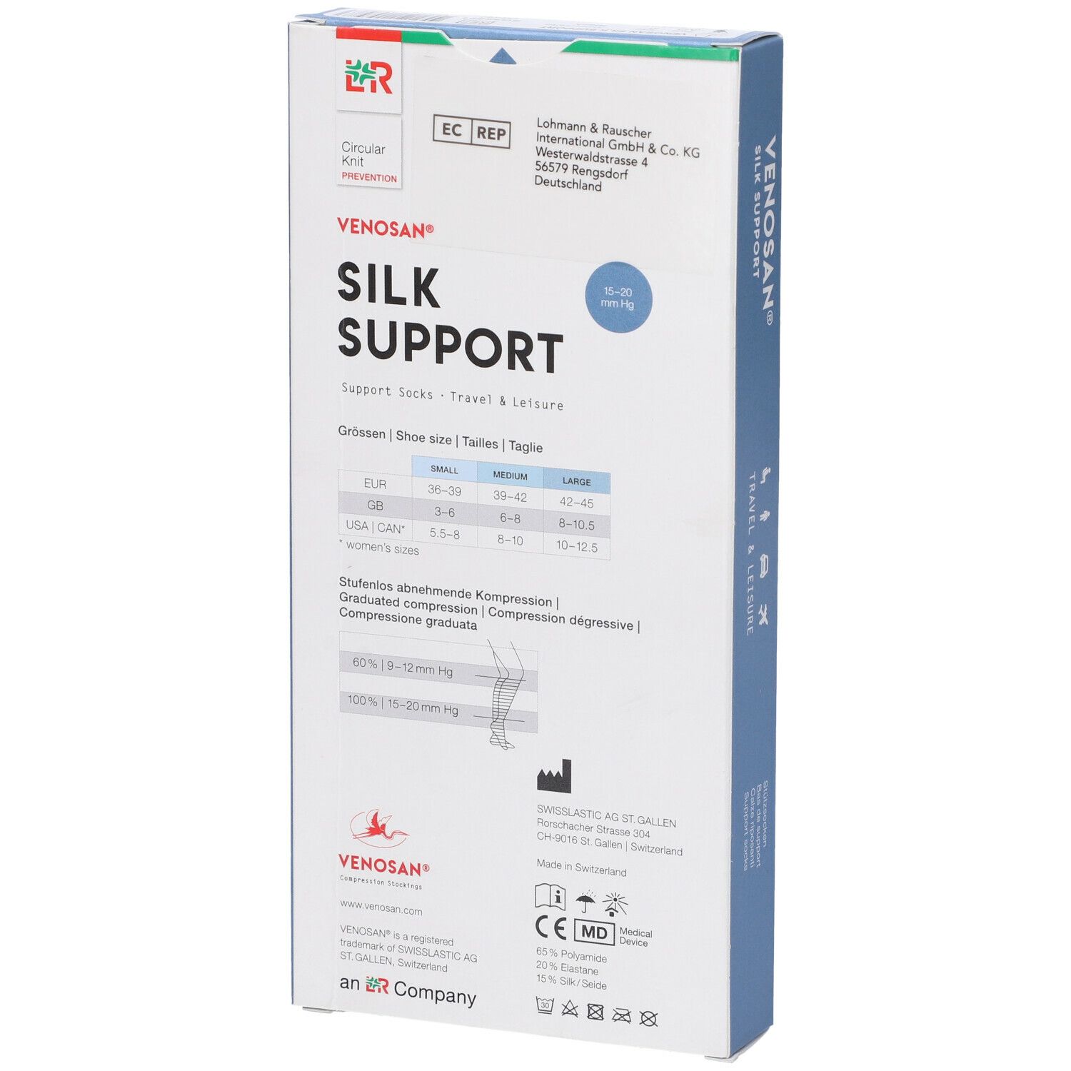 Confezione calze Venosan Silk Support. Nome e logo visibili. Retro con indicazioni taglie e certificazioni.