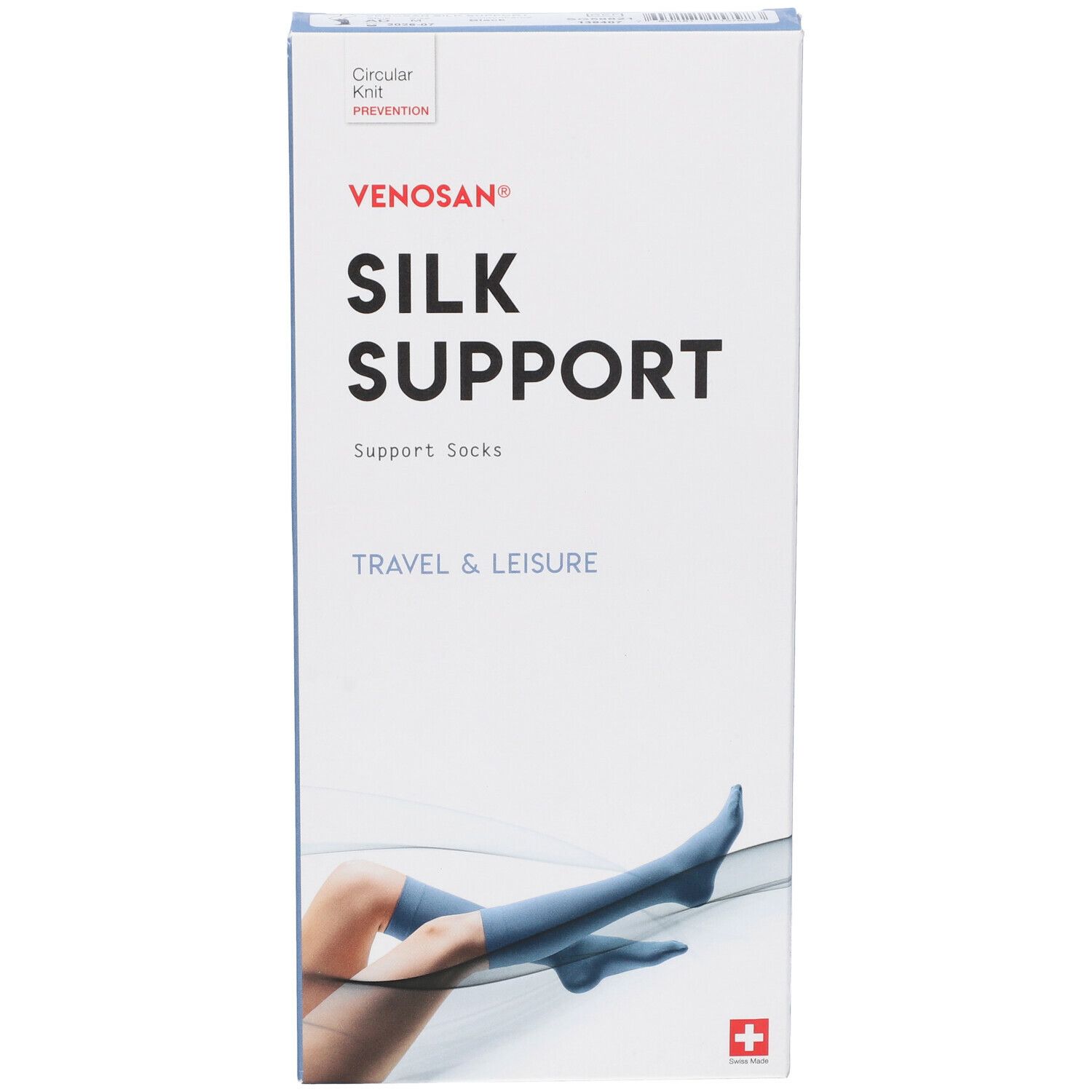 Confezione calze Venosan Silk Support. Nome e logo visibili. Immagine di una gamba con calza.