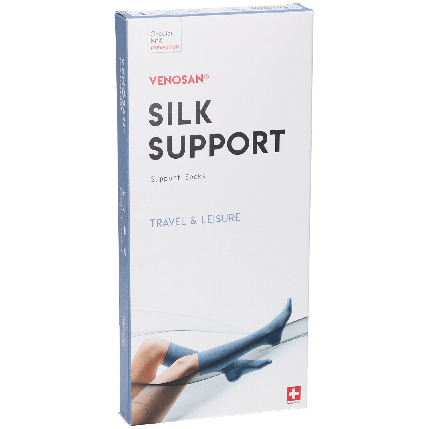 Confezione calze Venosan Silk Support. Nome e logo visibili. Immagine di una gamba con calza.
