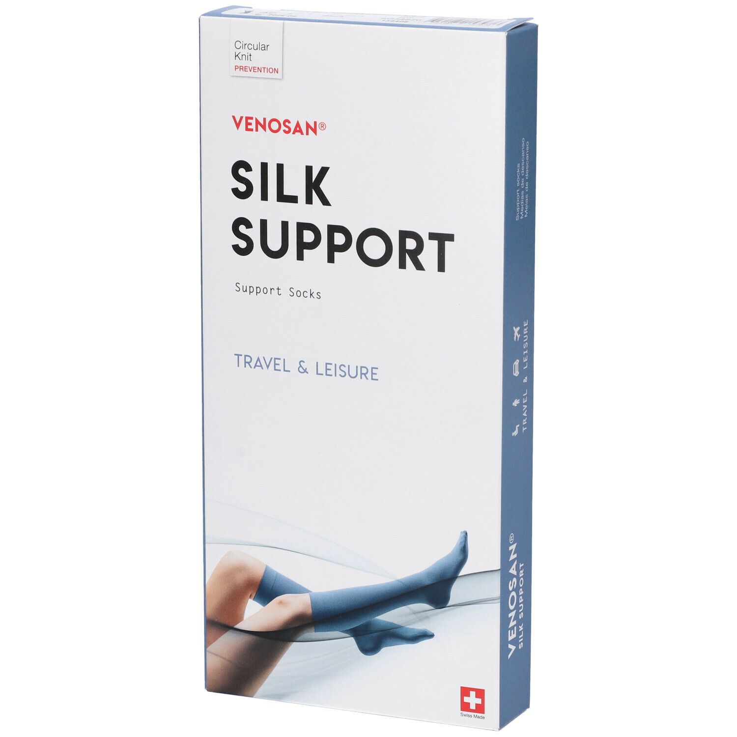 Confezione Venosan Silk Support. Scritta: Silk Support, Travel & Leisure. Immagine: gamba con calza. Croce svizzera.