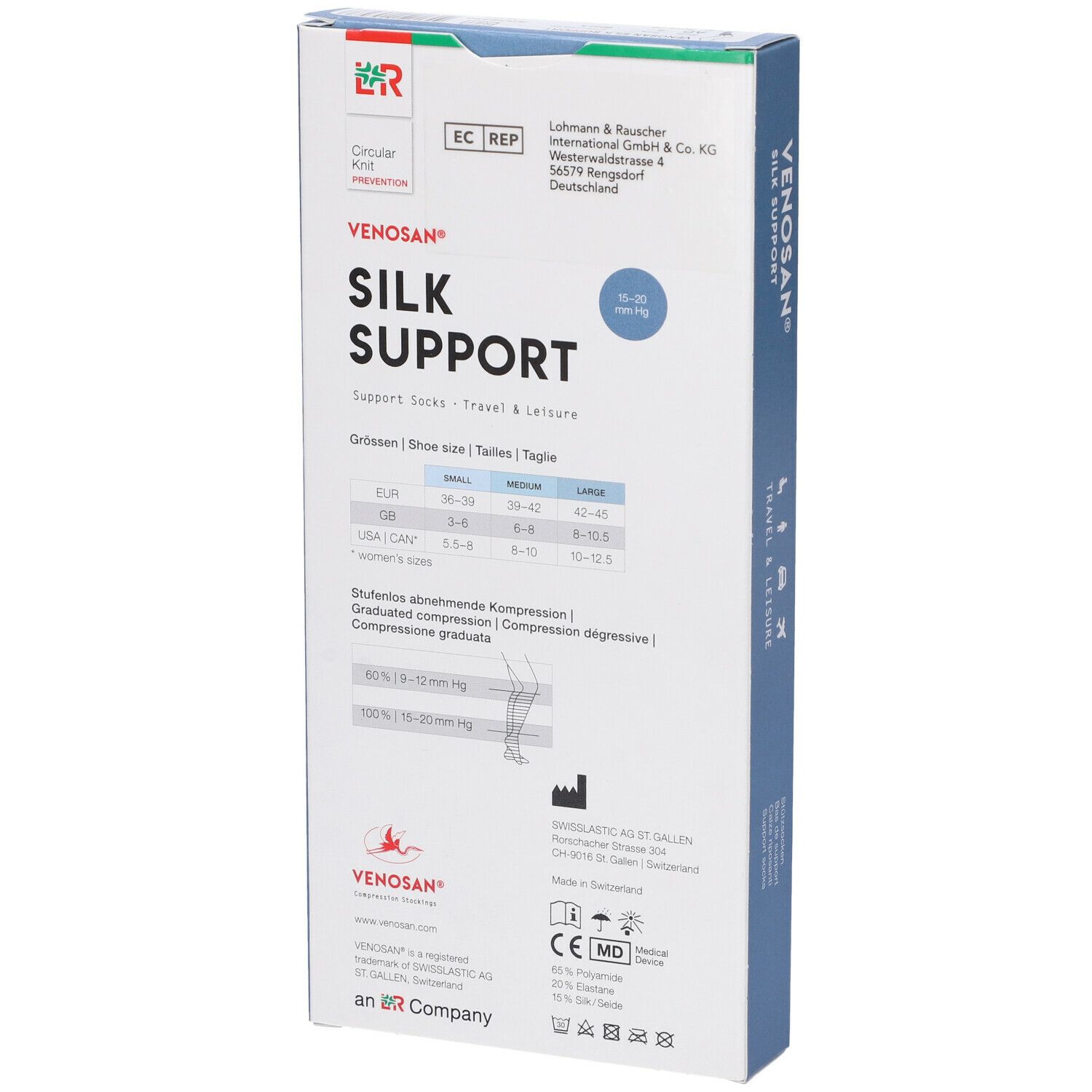 Confezione Venosan Silk Support. Retro con taglie, valori di compressione e certificazioni. Marchio CE.