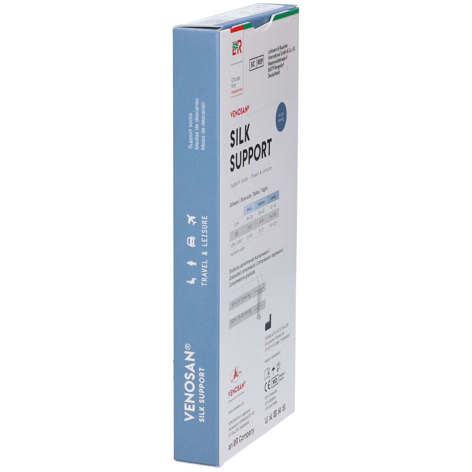 Confezione Venosan Silk Support. Vista laterale con logo, Travel & Leisure. Croce svizzera. Marchio CE.