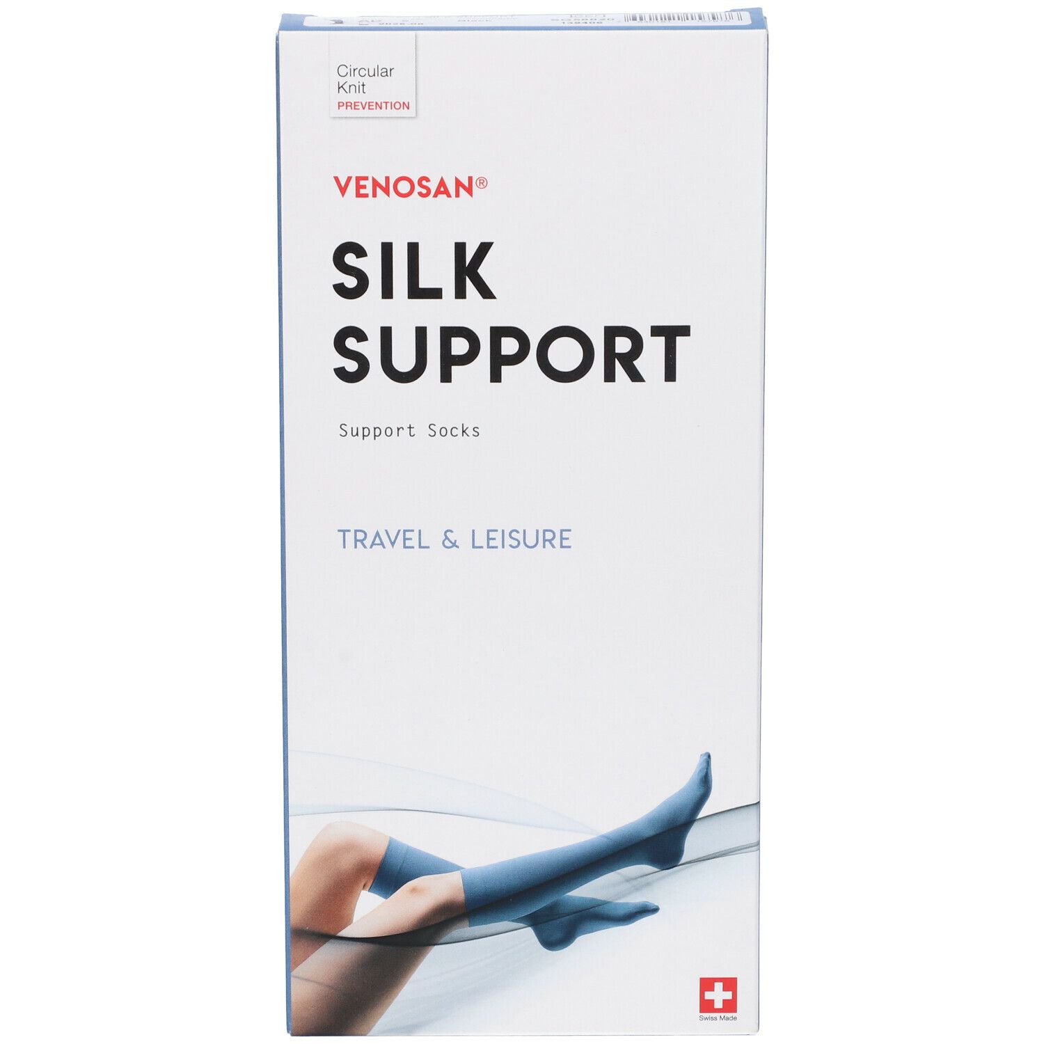 Confezione Venosan Silk Support. Scritta: Silk Support, Travel & Leisure. Immagine: gamba con calza. Croce svizzera.