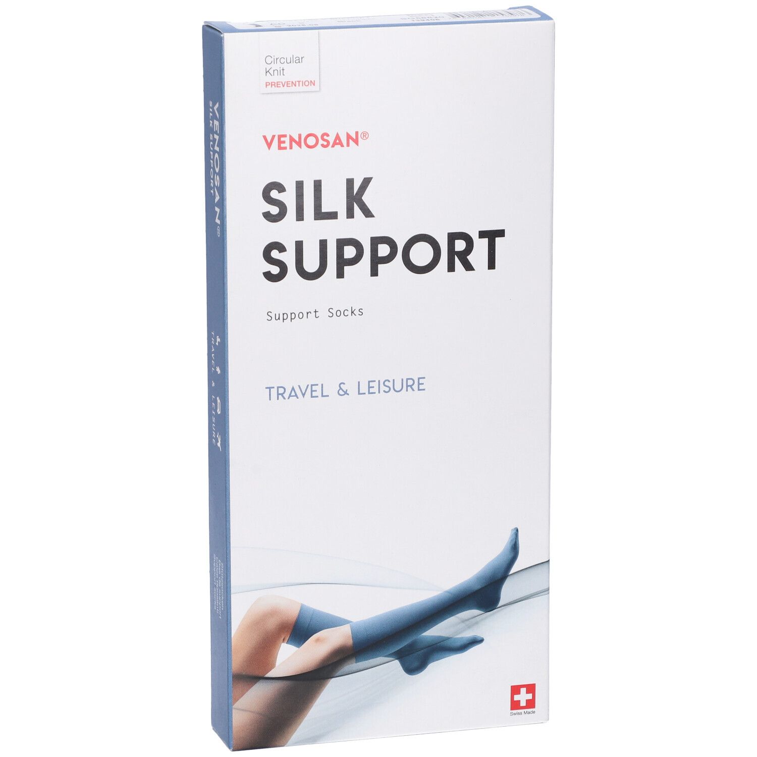 Confezione Venosan Silk Support. Scritta: Silk Support, Travel & Leisure. Immagine: gamba con calza. Croce svizzera.