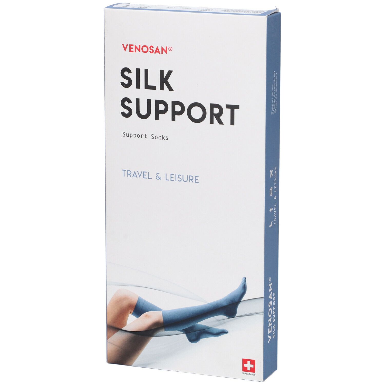 Venosan Silk Support. Confezione. Testo: Silk Support, Travel & Leisure. Croce svizzera. Immagine del prodotto.