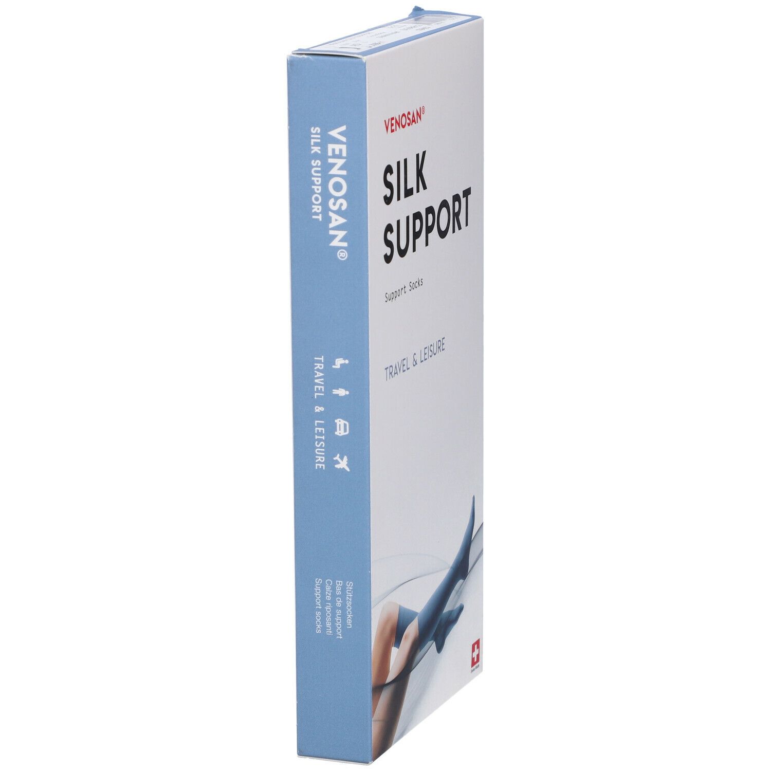 Venosan Silk Support. Confezione, vista laterale. Testo: Silk Support, Travel & Leisure. Croce svizzera. Simboli.