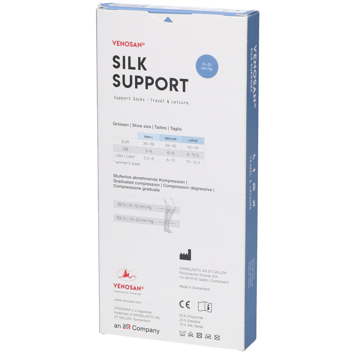 Venosan Silk Support. Confezione, retro. Testo: Silk Support, taglie, compressione. Croce svizzera. Simboli.