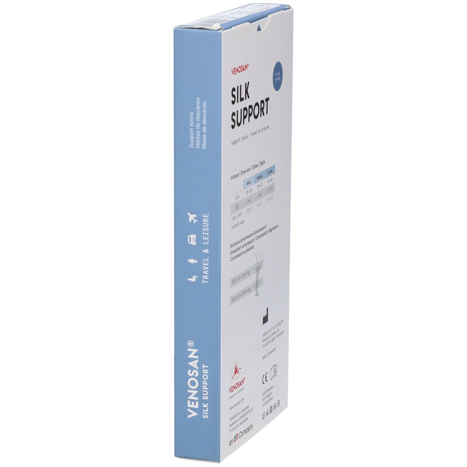 Venosan Silk Support. Confezione, vista laterale. Testo: Silk Support, Travel & Leisure. Croce svizzera. Simboli.