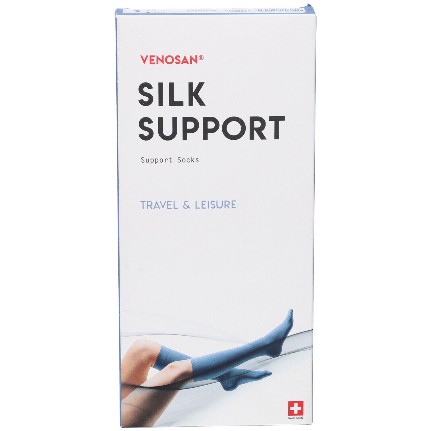 Venosan Silk Support. Confezione. Testo: Silk Support, Travel & Leisure. Croce svizzera. Immagine del prodotto.