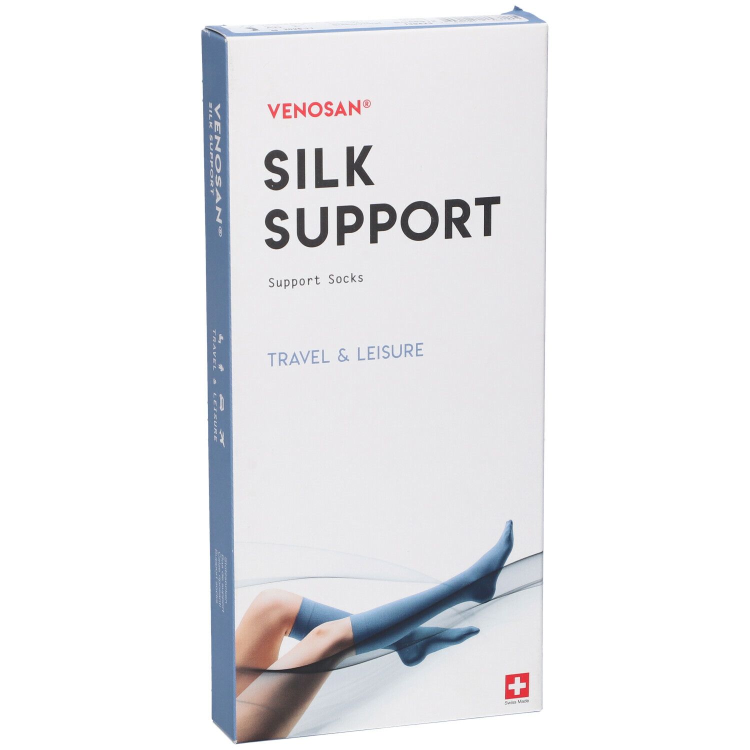 Venosan Silk Support. Confezione. Testo: Silk Support, Travel & Leisure. Croce svizzera. Immagine del prodotto.