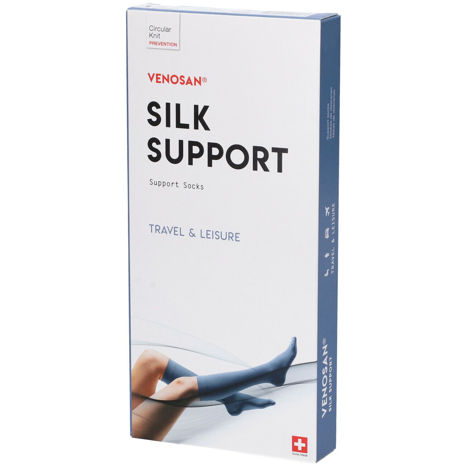 Venosan Silk Support calze. Confezione, leggermente angolata. Testo: Silk Support, Travel & Leisure. Croce svizzera.
