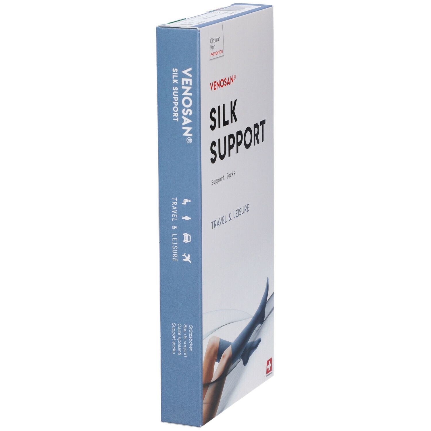 Venosan Silk Support calze. Confezione, vista laterale. Testo: Silk Support, Travel & Leisure. Croce svizzera.