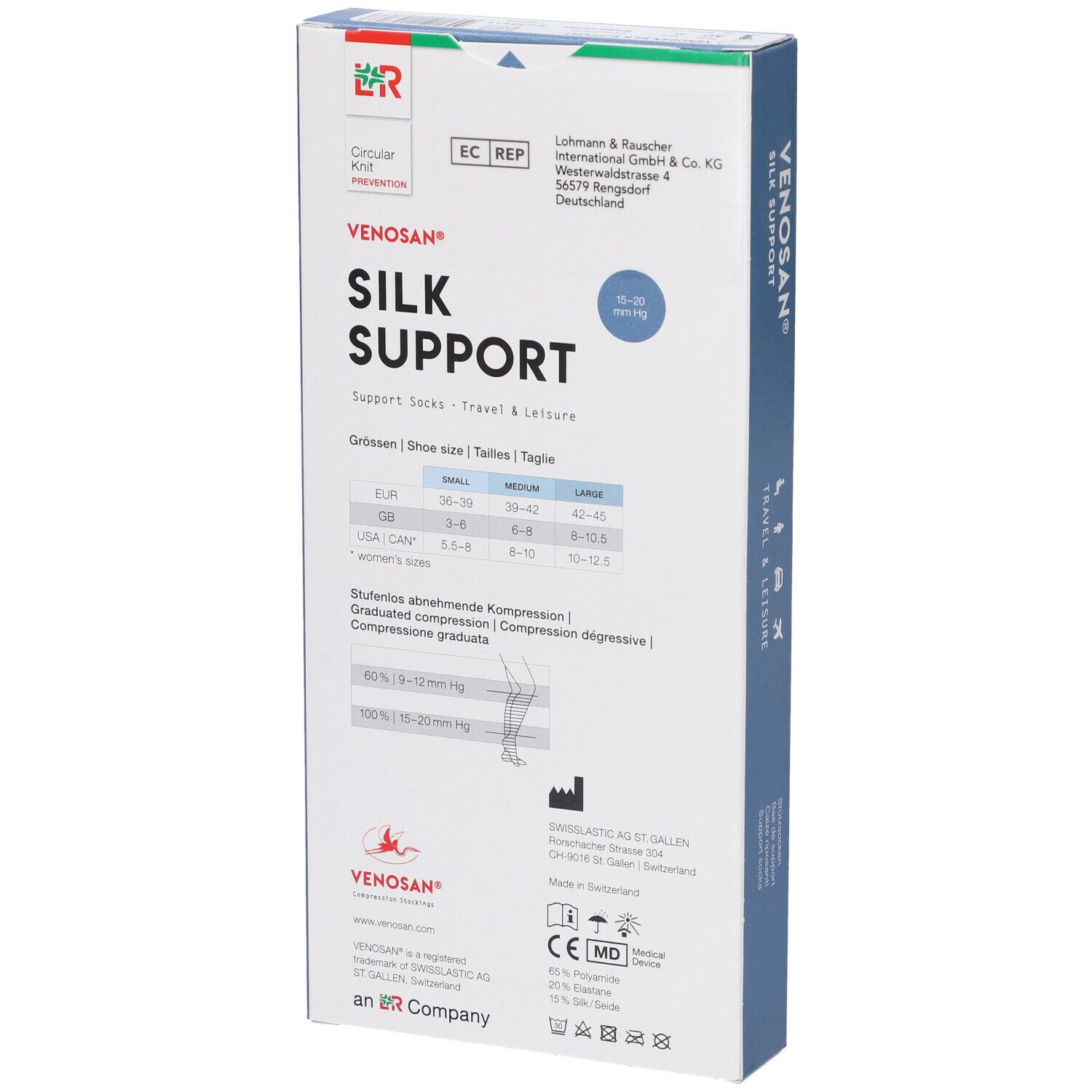 Venosan Silk Support calze. Confezione, retro. Informazioni sulle taglie, informazioni sulla compressione. Croce svizzera.