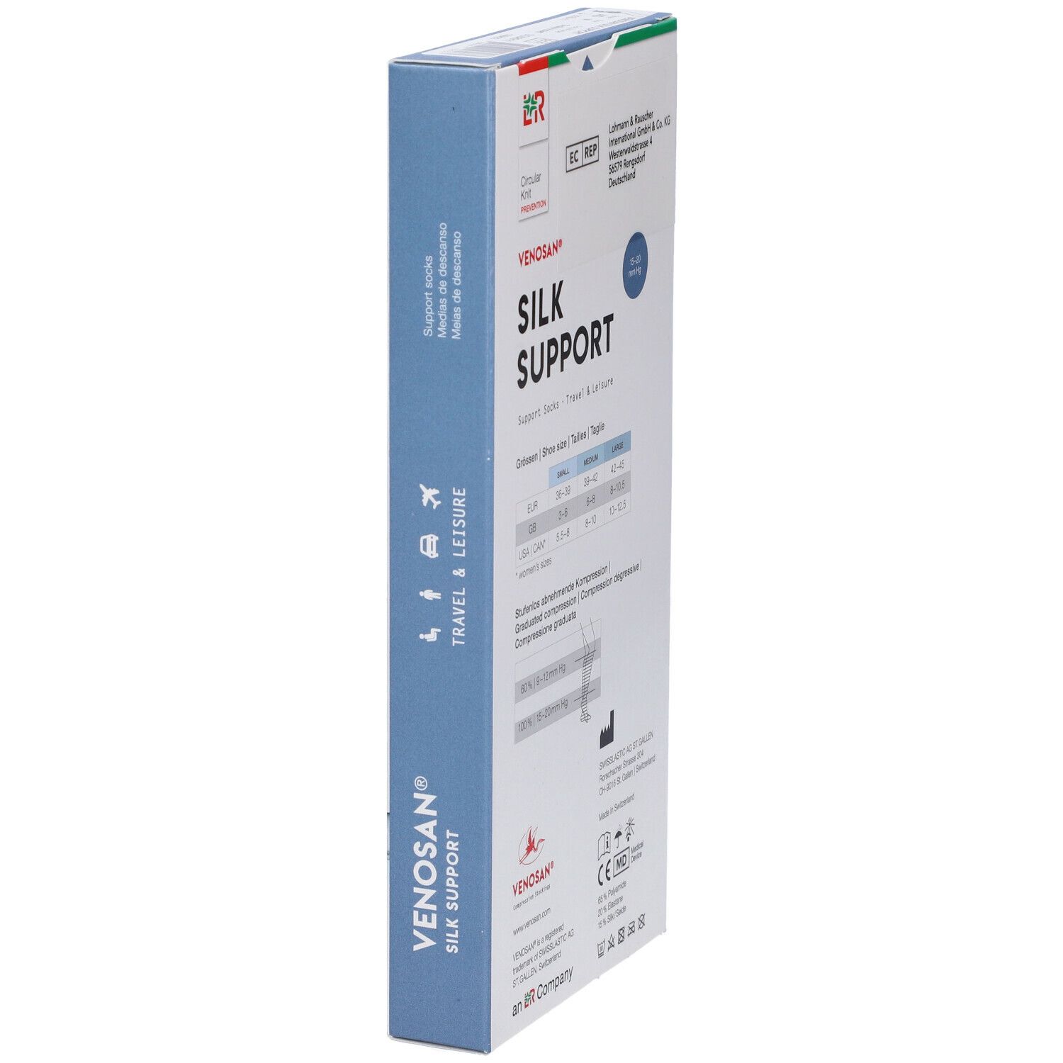 Venosan Silk Support calze. Confezione, vista laterale. Testo: Silk Support, Travel & Leisure. Croce svizzera.
