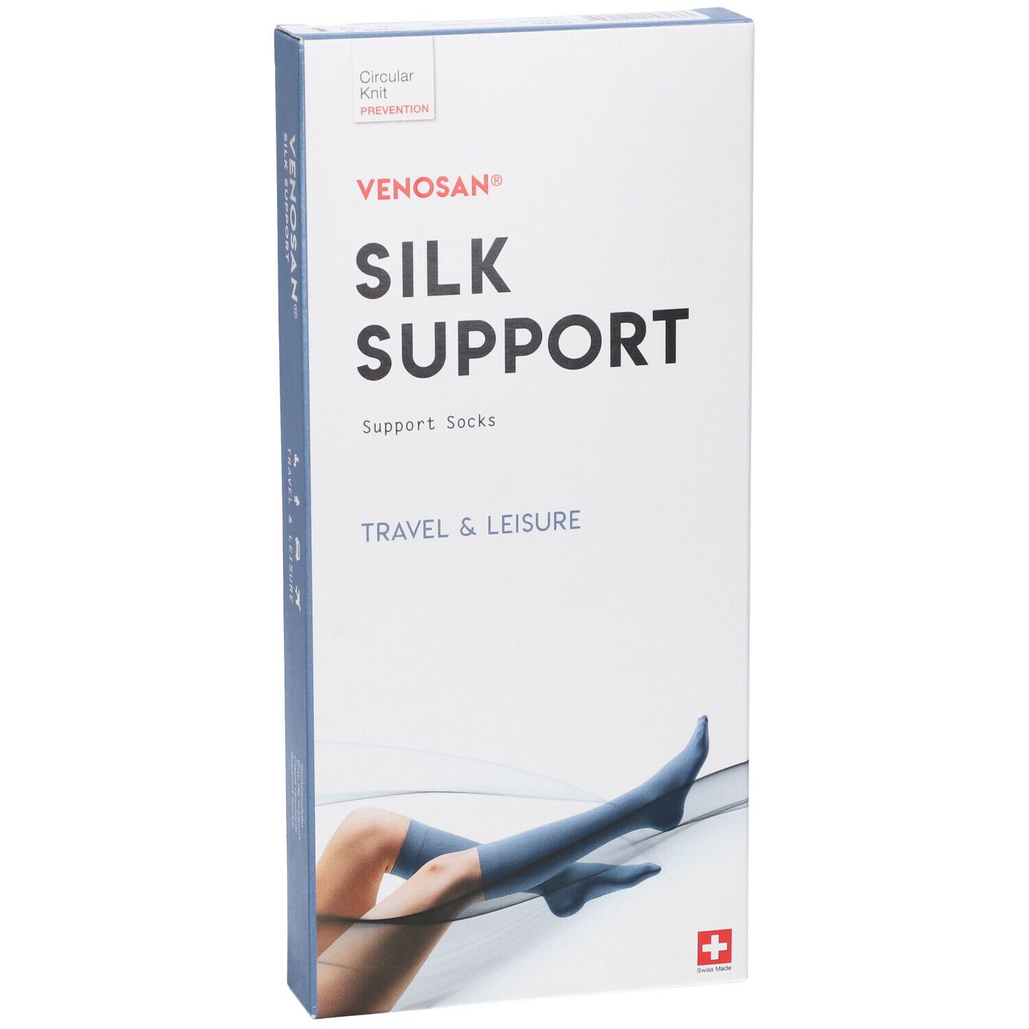 Venosan Silk Support calze. Confezione. Testo: Silk Support, Travel & Leisure. Croce svizzera.