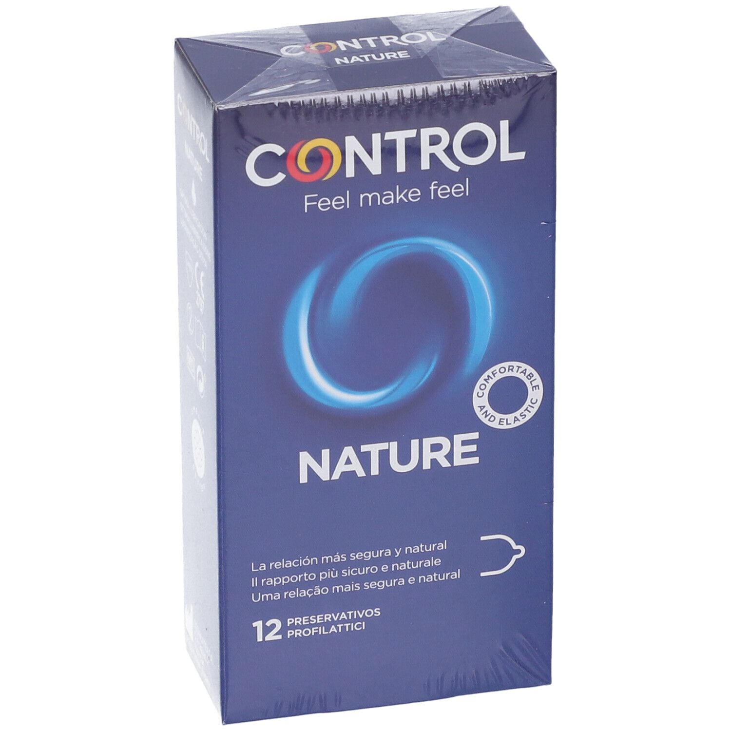 Blaue Schachtel mit CONTROL NATURE Kondomen. Aufschrift: Feel make feel. 12 Stück. Komfortabel und elastisch.