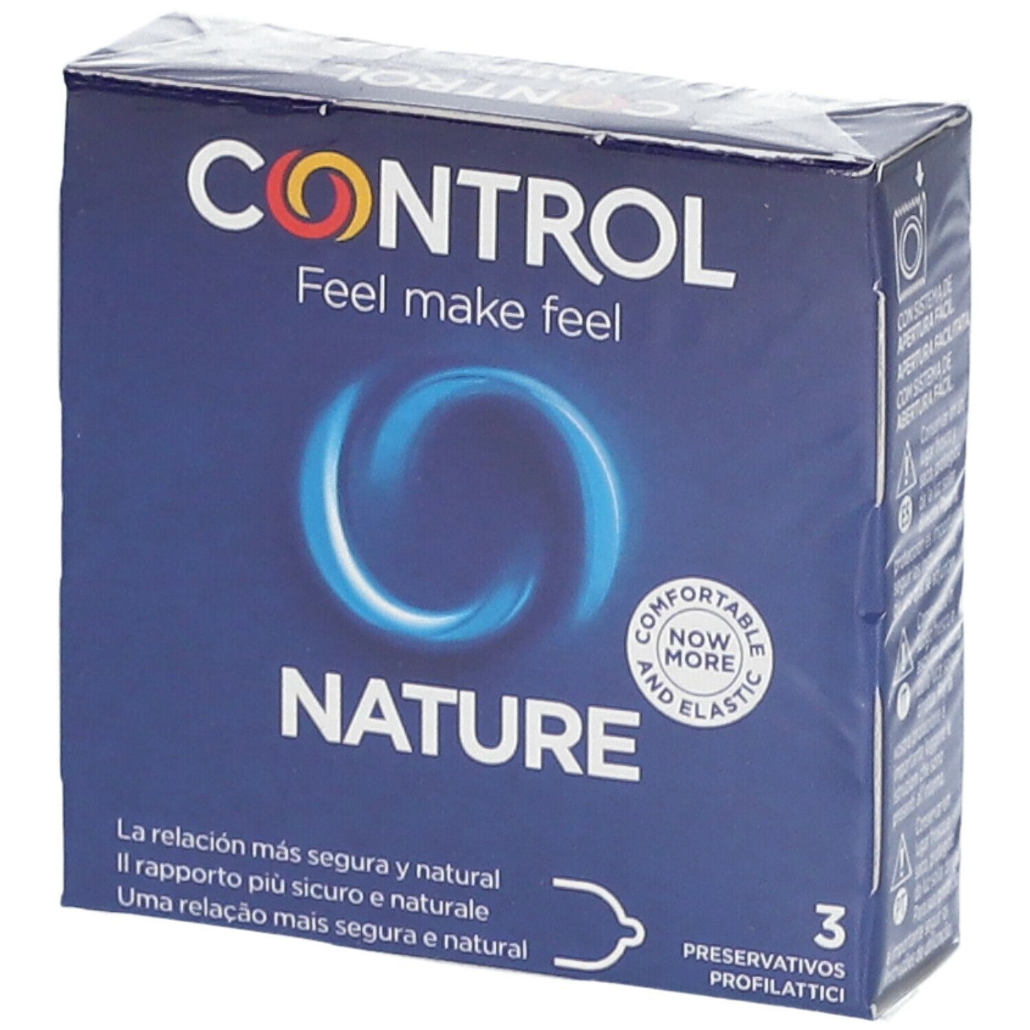 Confezione di preservativi CONTROL NATURE. 3 pezzi. Loghi e testo multilingue.