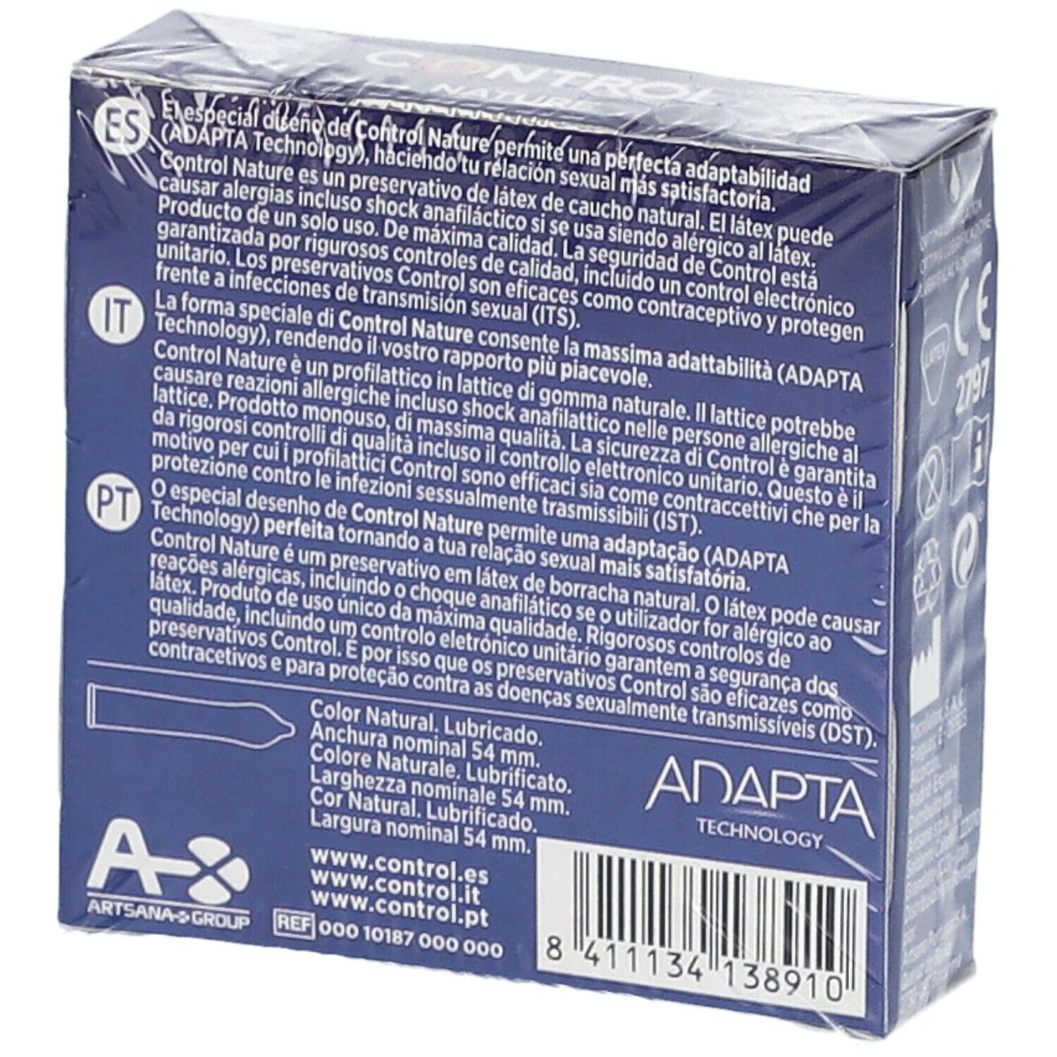 Retro della confezione di preservativi. Testo multilingue. Informazioni sugli ingredienti e il produttore.