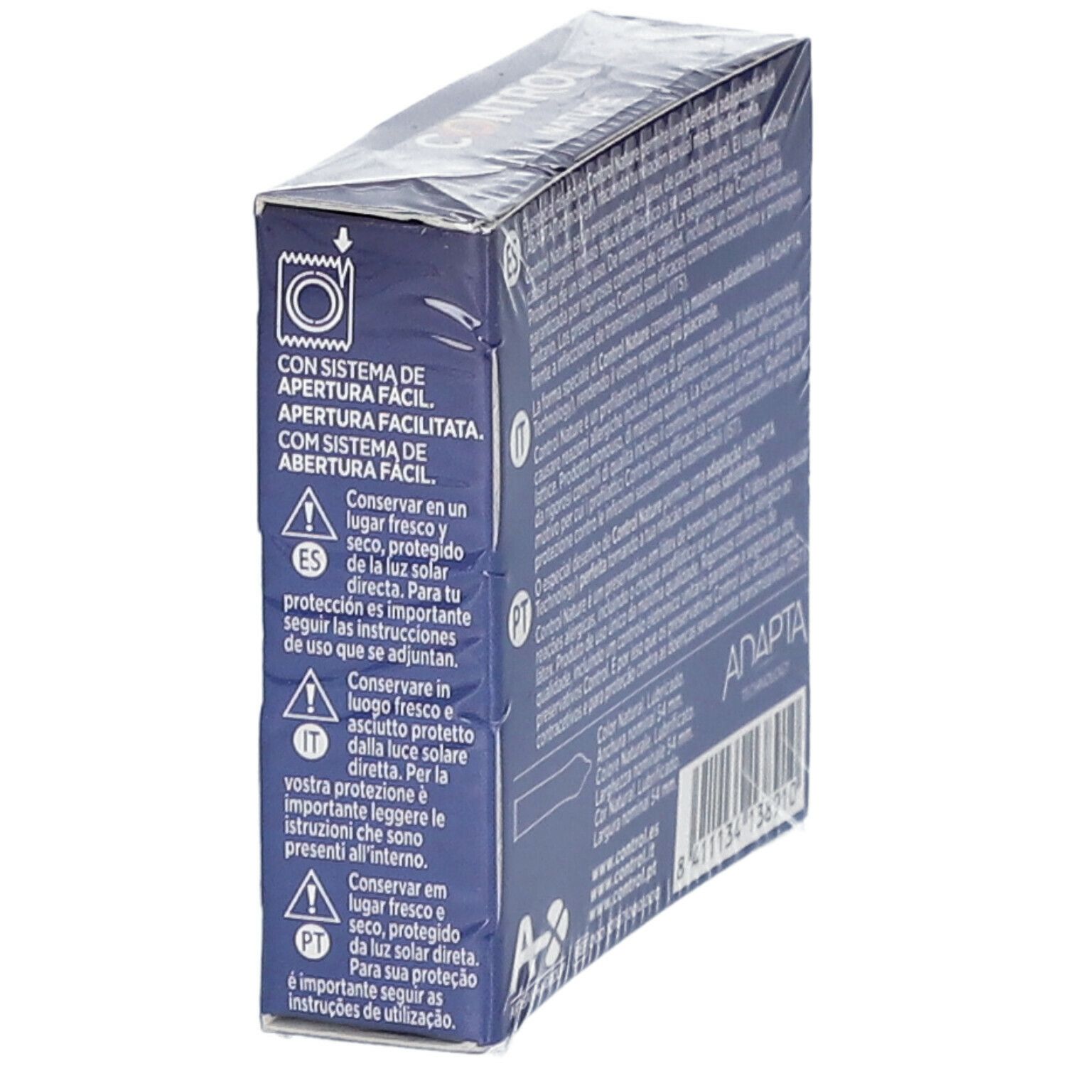 Retro della confezione di preservativi. Testo multilingue. Istruzioni per l'uso e avvertenze.