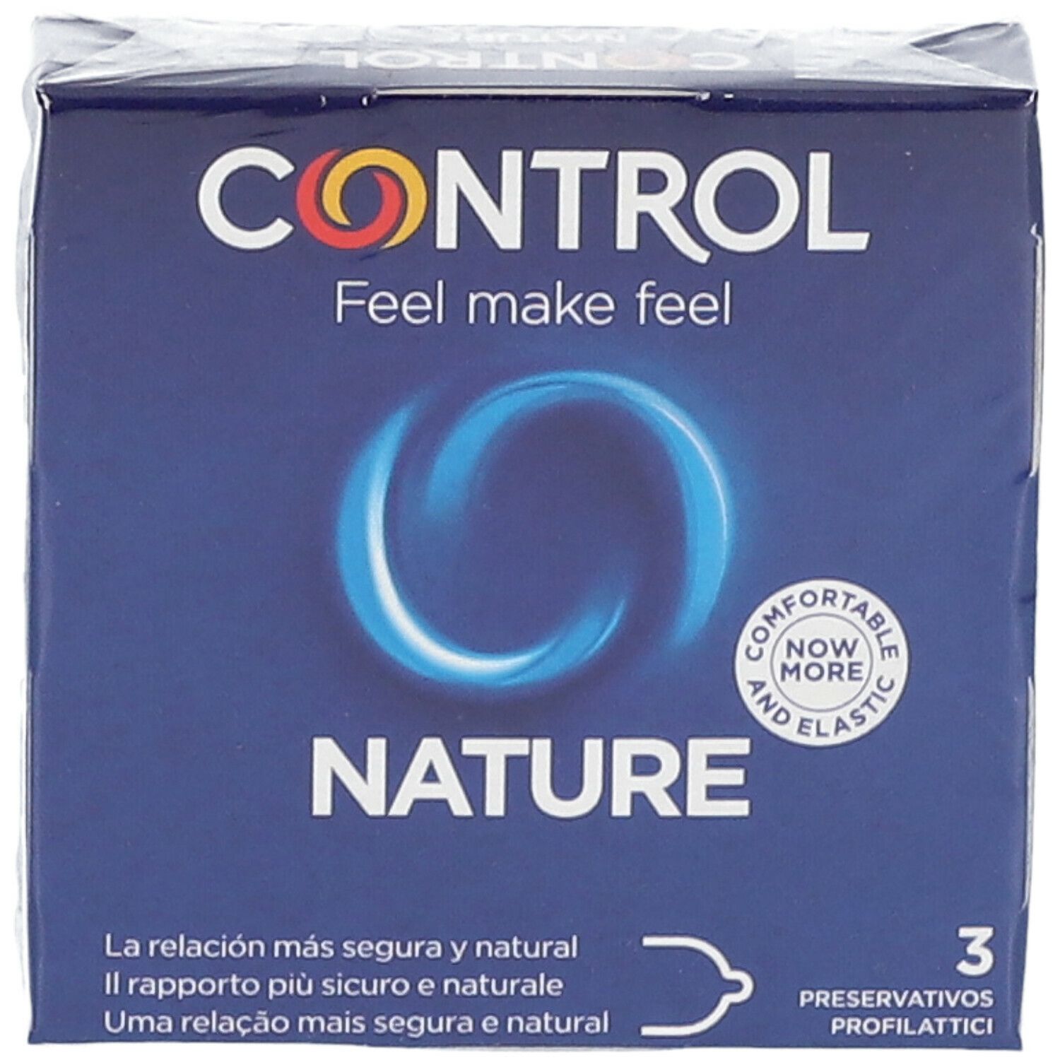 Confezione di preservativi CONTROL NATURE. 3 pezzi. Loghi e testo multilingue.