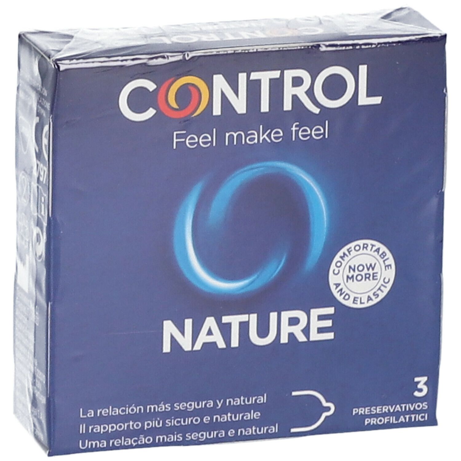 Confezione di preservativi CONTROL NATURE. 3 pezzi. Loghi e testo multilingue.