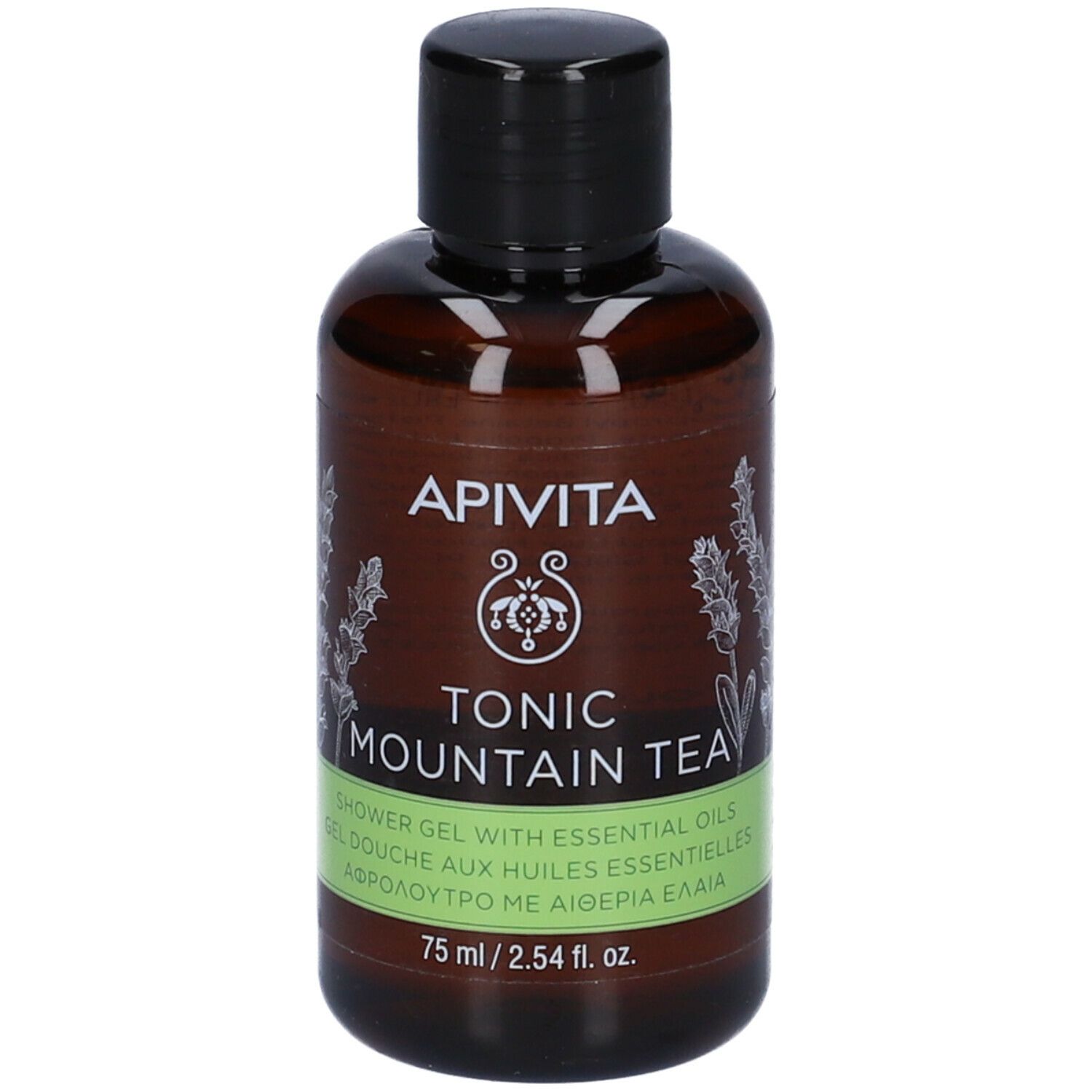 Flacone marrone con tappo nero. Scritta: Apivita, Tonic Mountain Tea. Scritta verde e bianca.