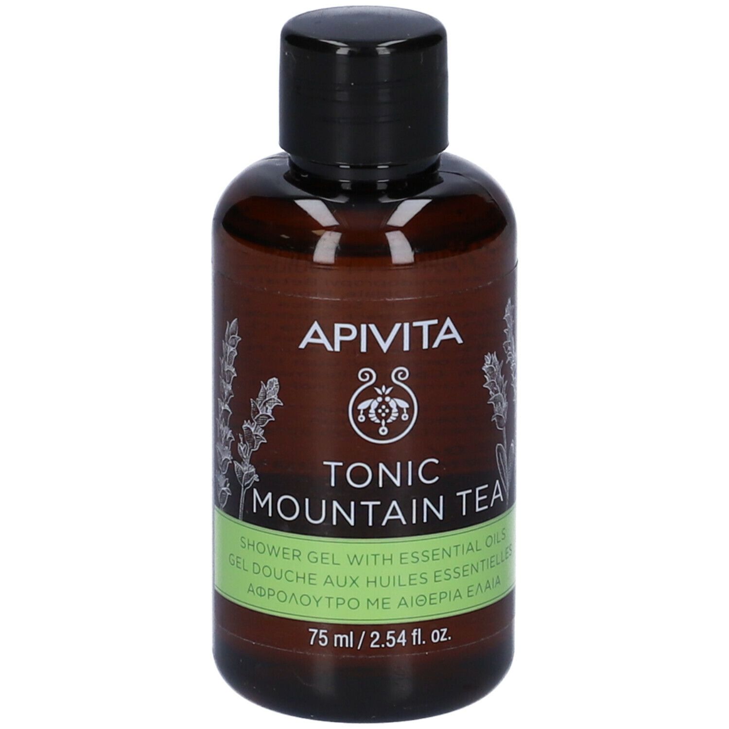 Flacone marrone con tappo nero. Scritta: Apivita, Tonic Mountain Tea. Scritta verde e bianca.