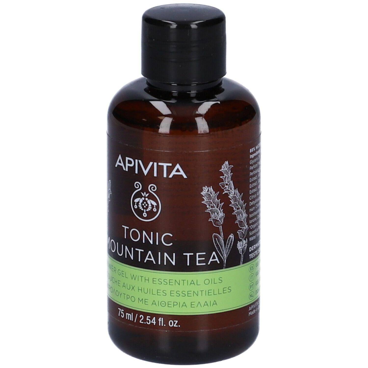 Flacone marrone con tappo nero. Scritta: Apivita, Tonic Mountain Tea. Scritta verde e bianca.