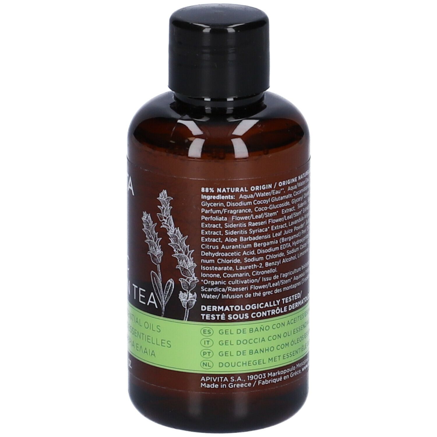 Retro del flacone marrone. Ingredienti e testo verde. Testo: Dermatologicamente testato.