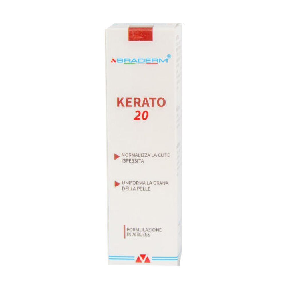 Confezione bianca con accento rosso. Scritta: ABRADERM, KERATO 20. Testo: Normalizza la pelle. Formula airless.