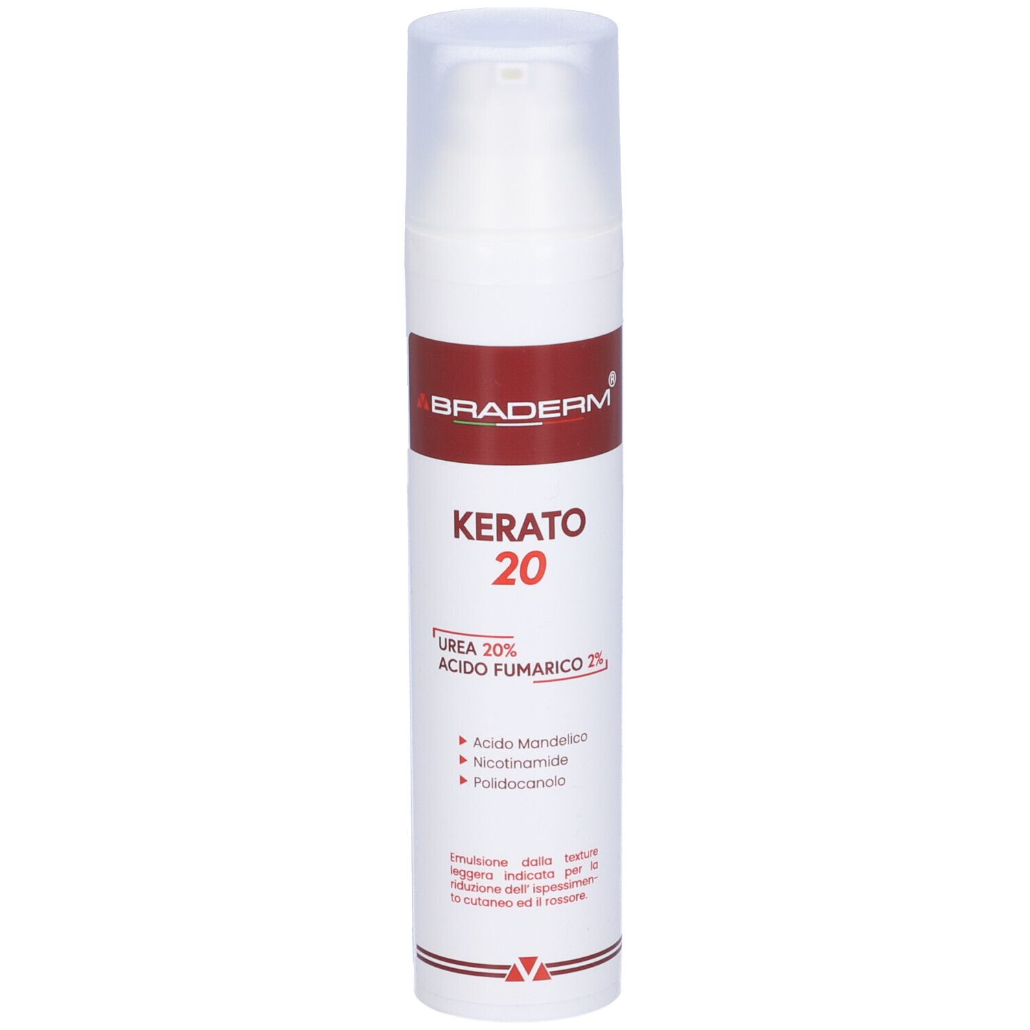 Flacone bianco con pompa e fascia rossa. Scritta: ABRADERM, KERATO 20. Contiene Urea 20% e Acido fumarico 2%.